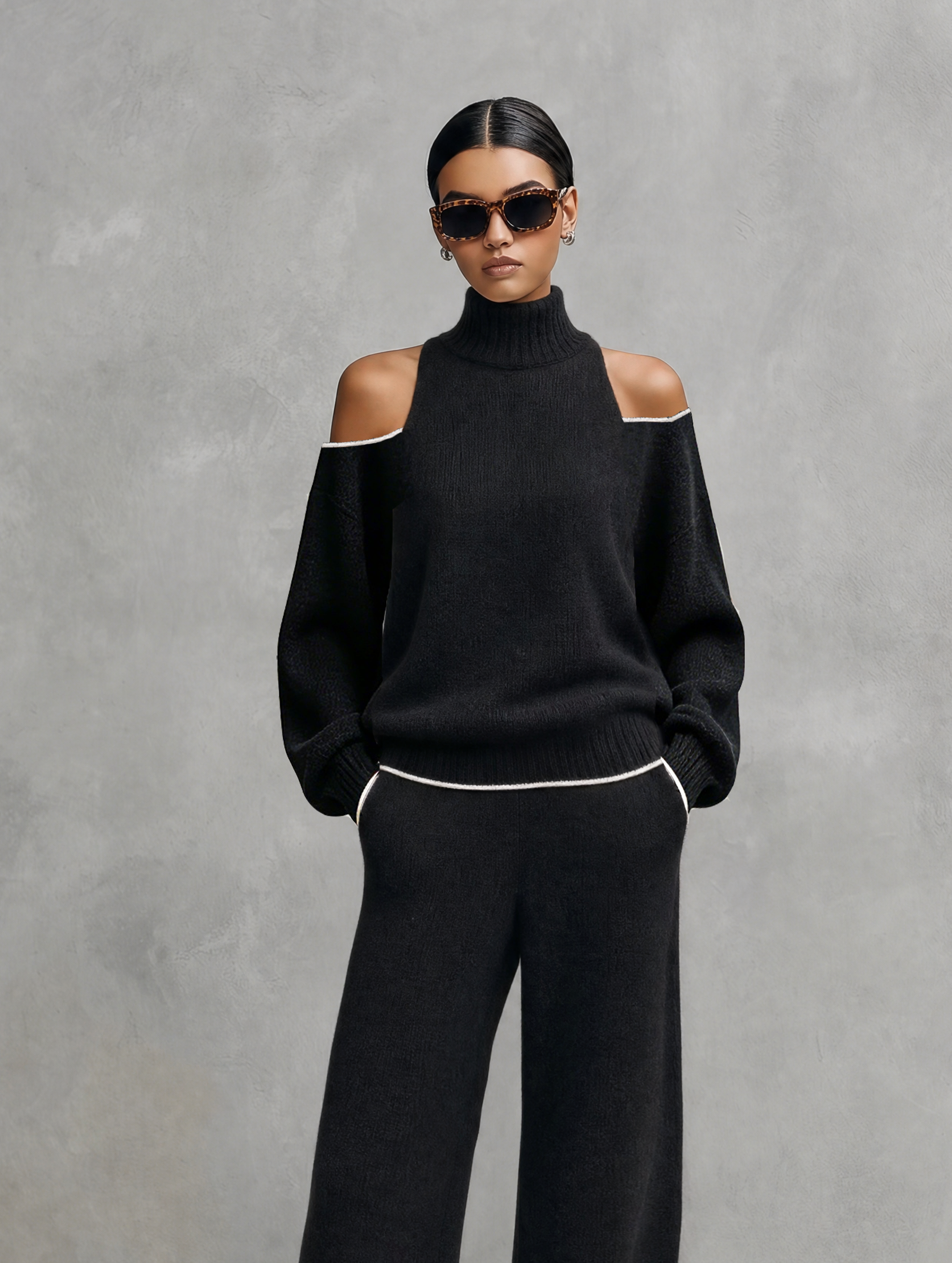 Women's Casual Black Long-sleeved Knit Top And Trousers Set MDZ3065G8LXY