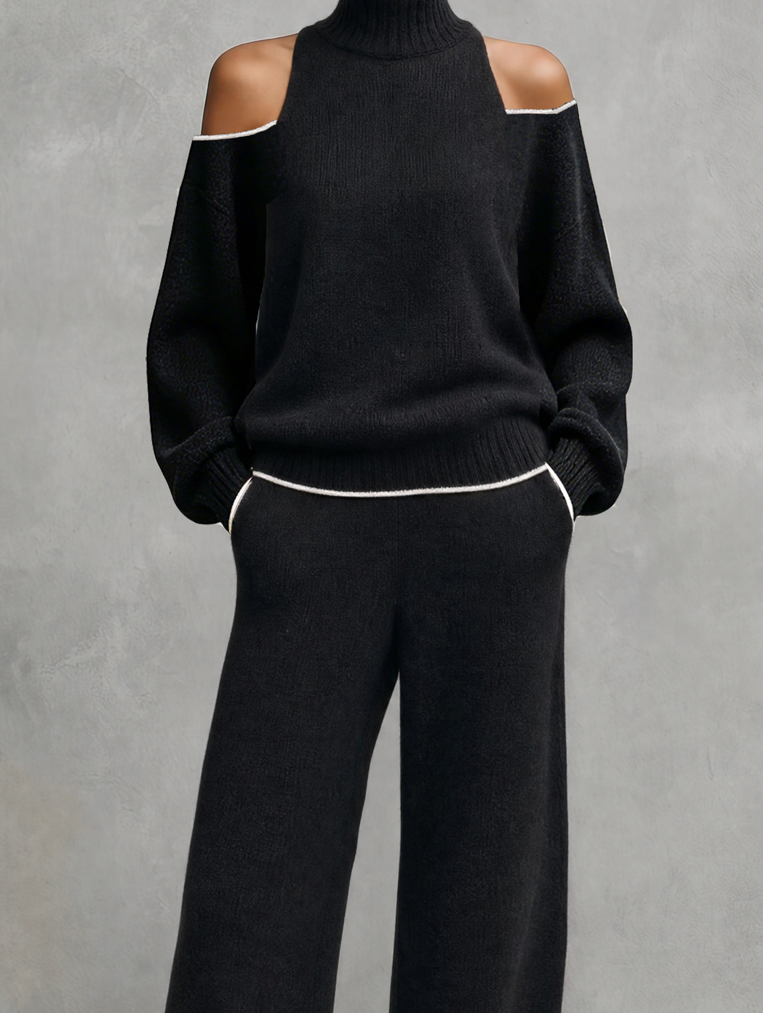Women's Casual Black Long-sleeved Knit Top And Trousers Set MDZ3065G8LXY