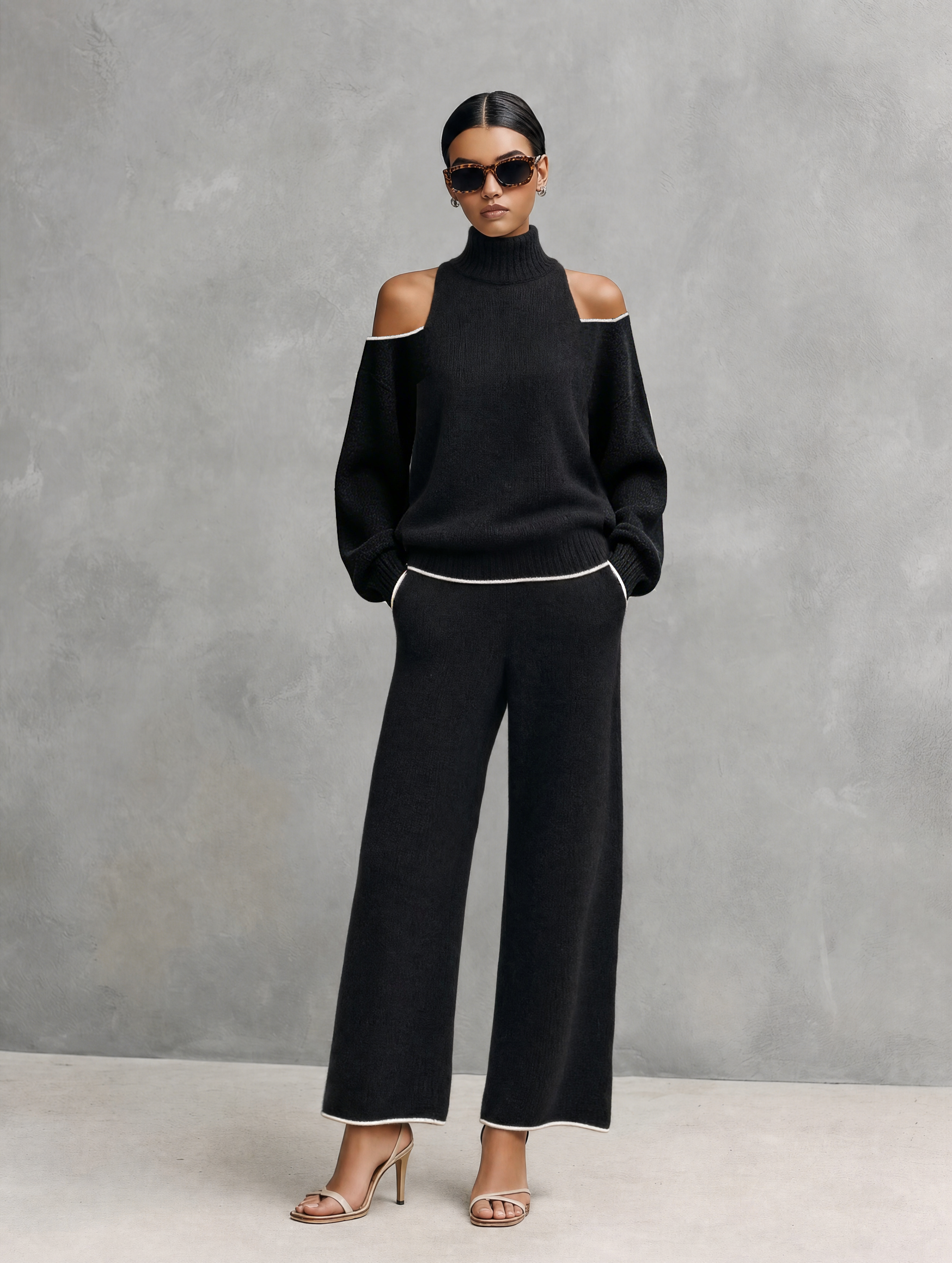Women's Casual Black Long-sleeved Knit Top And Trousers Set MDZ3065G8LXY