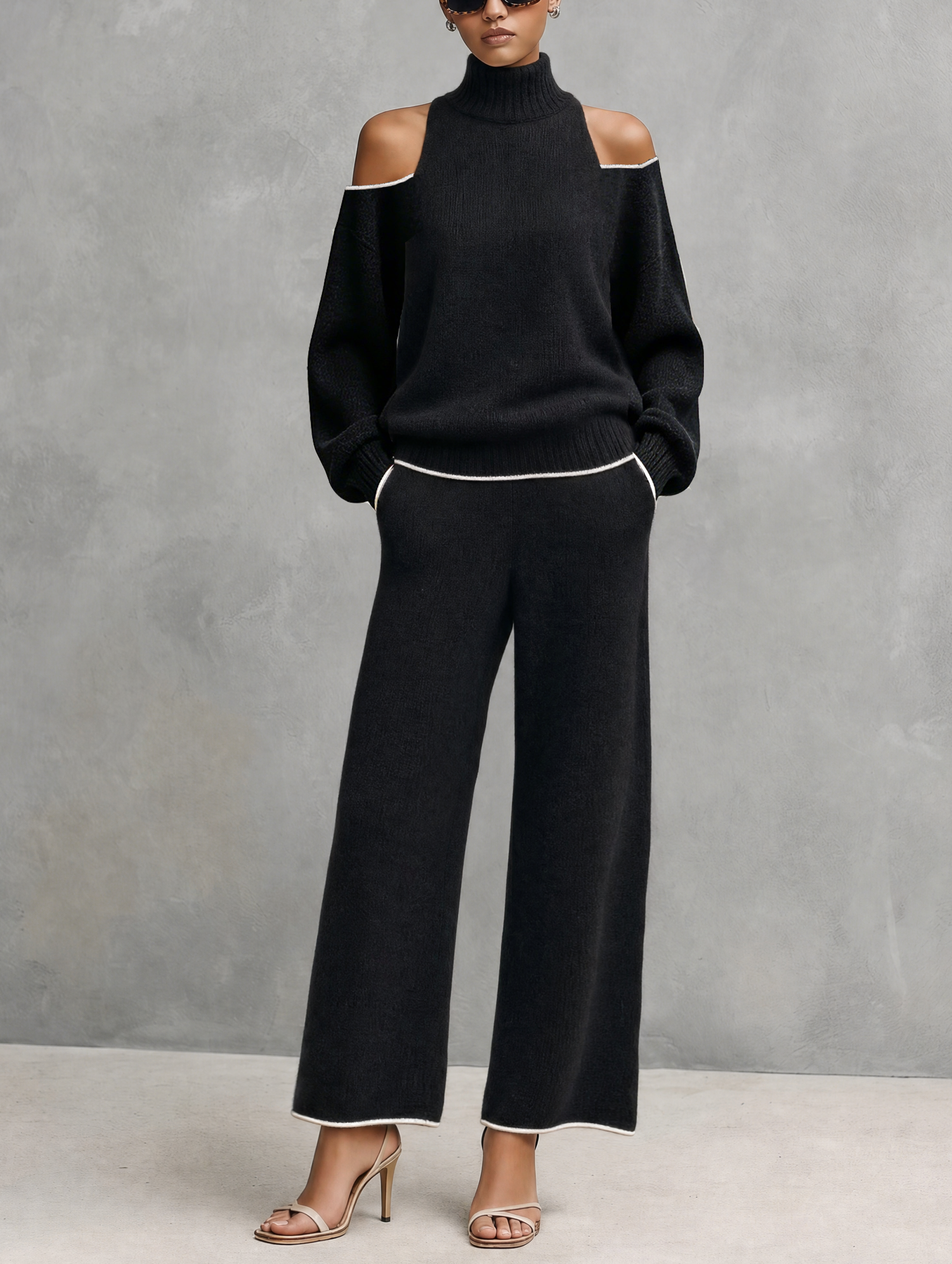 Women's Casual Black Long-sleeved Knit Top And Trousers Set MDZ3065G8LXY