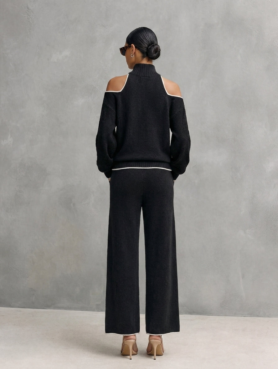 Women's Casual Black Long-sleeved Knit Top And Trousers Set MDZ3065G8LXY