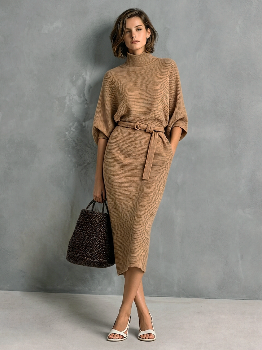 Women's Casual Camel-colored Knit Midi Dress With Mid-length Sleeves MDZ3026G6LXY