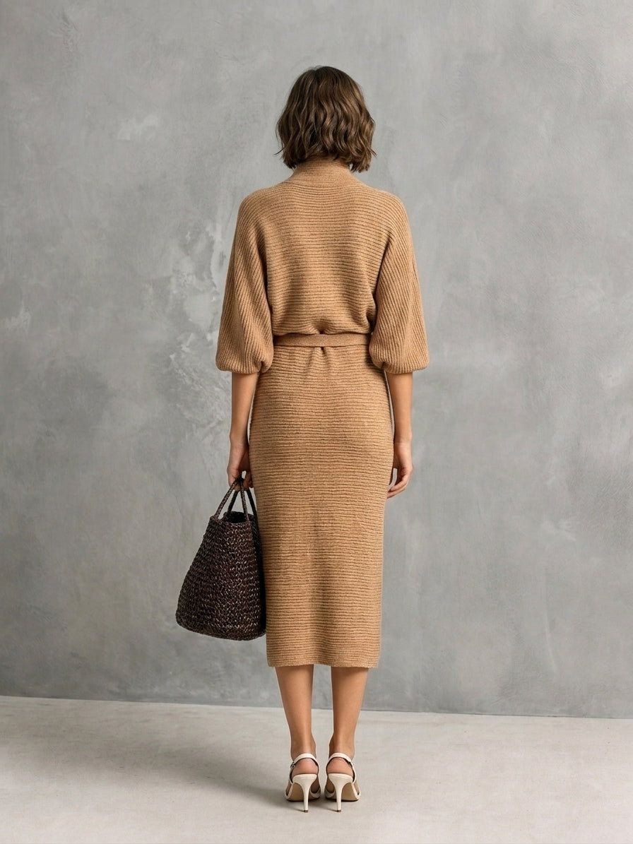 Women's Casual Camel-colored Knit Midi Dress With Mid-length Sleeves MDZ3026G6LXY