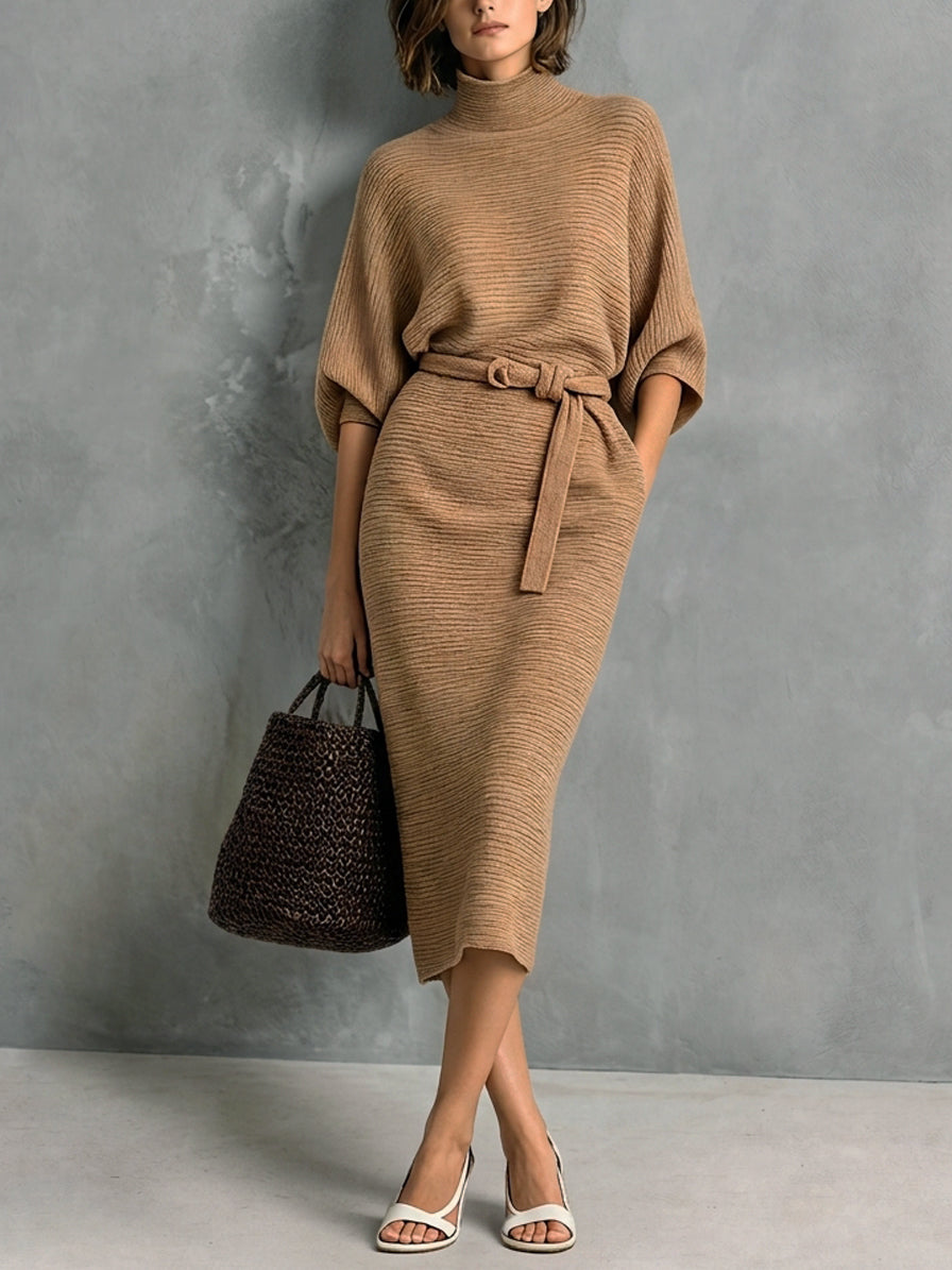 Women's Casual Camel-colored Knit Midi Dress With Mid-length Sleeves MDZ3026G6LXY