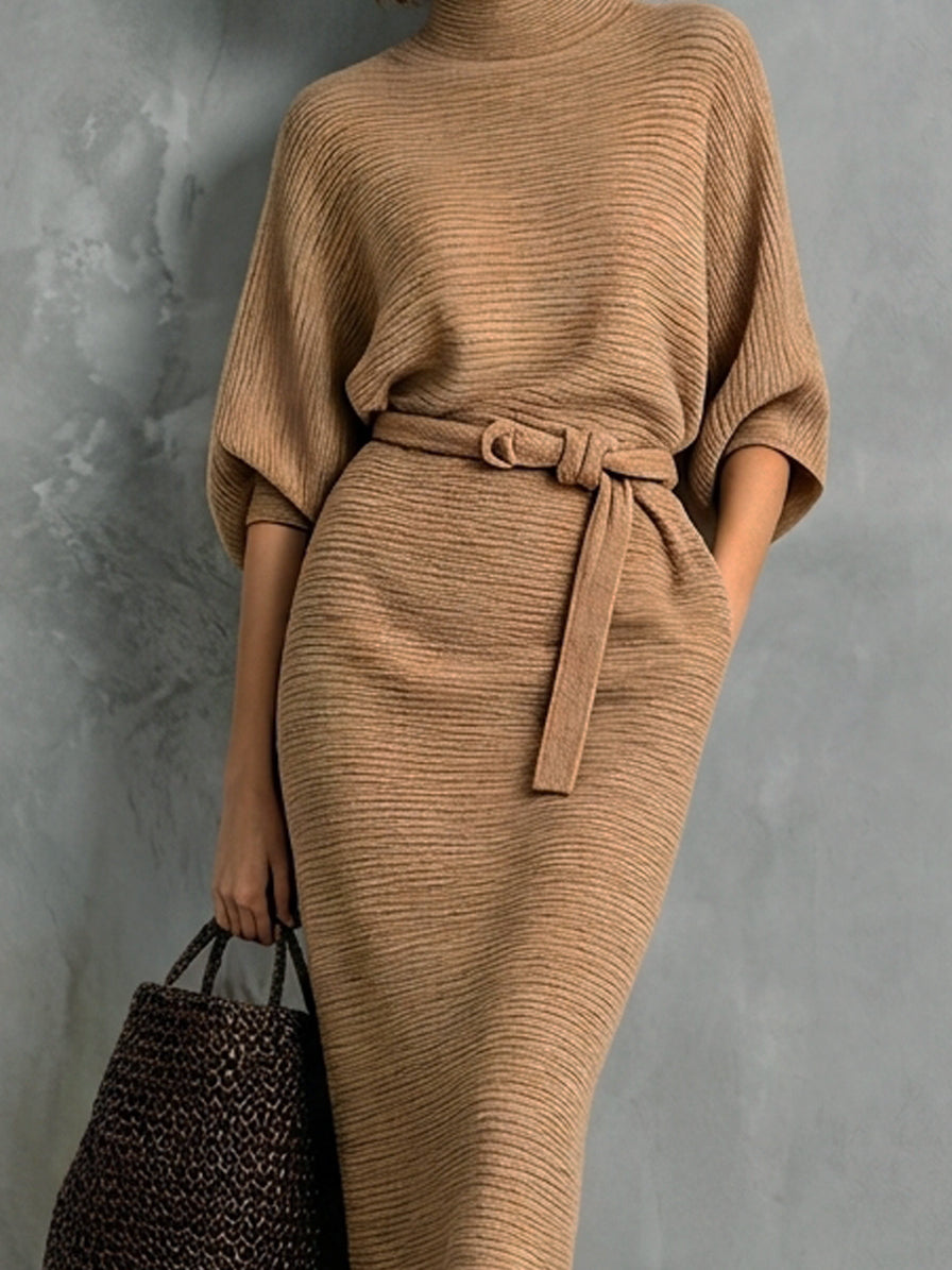 Women's Casual Camel-colored Knit Midi Dress With Mid-length Sleeves MDZ3026G6LXY