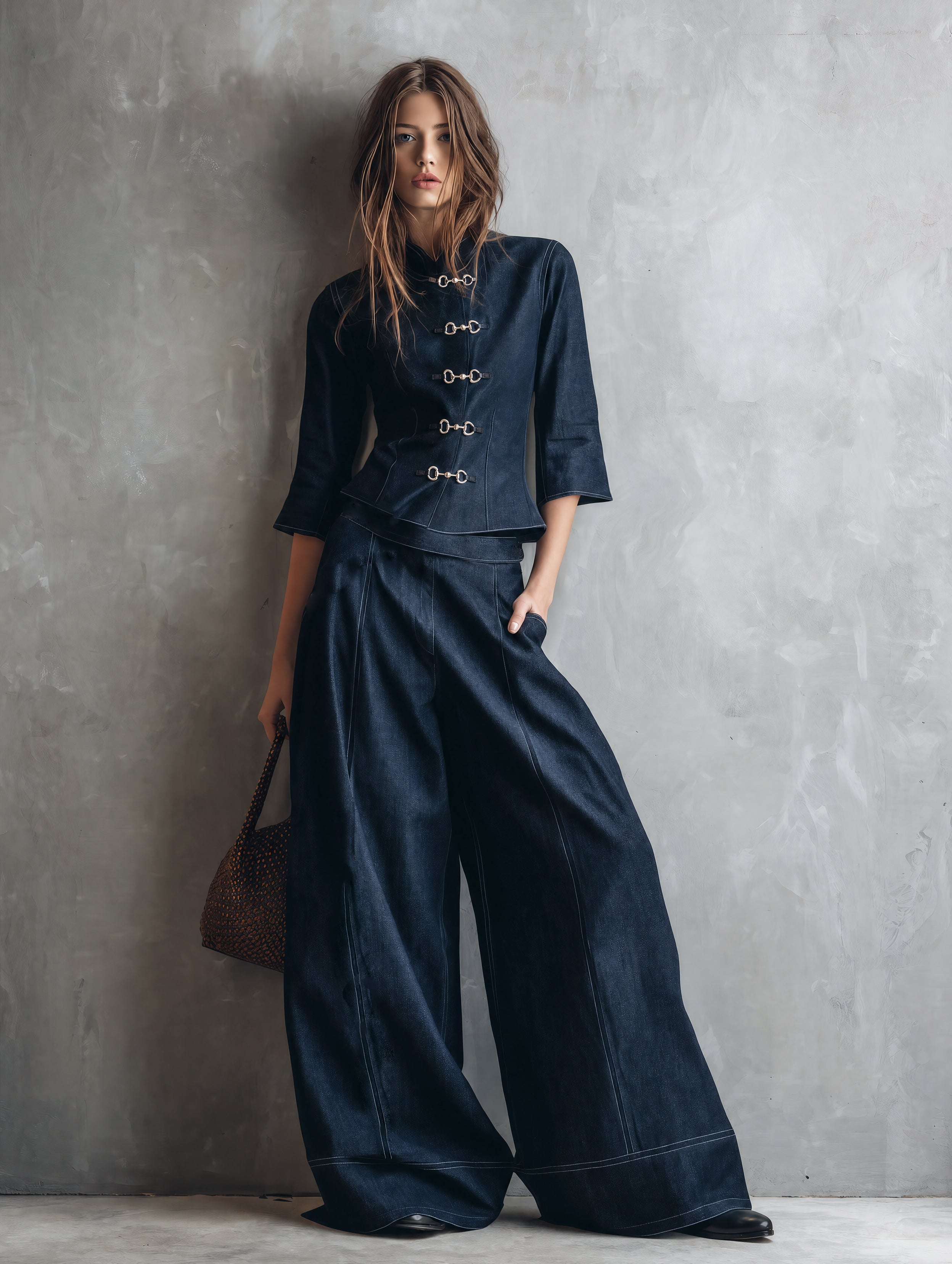 Women's Casual Dark Blue Faux-denim Jacket And Trousers Set MDZ3019G9LXY