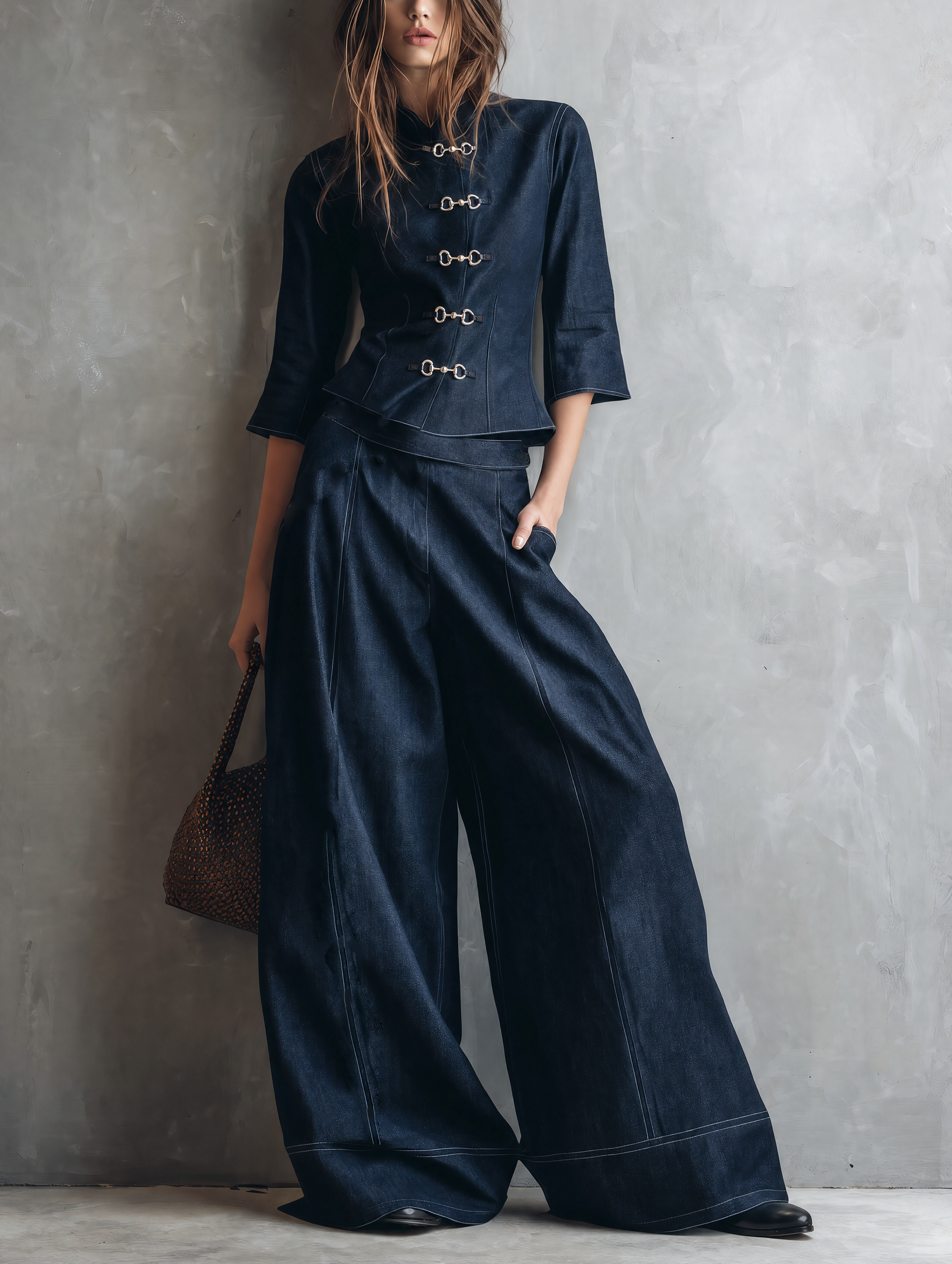 Women's Casual Dark Blue Faux-denim Jacket And Trousers Set MDZ3019G9LXY