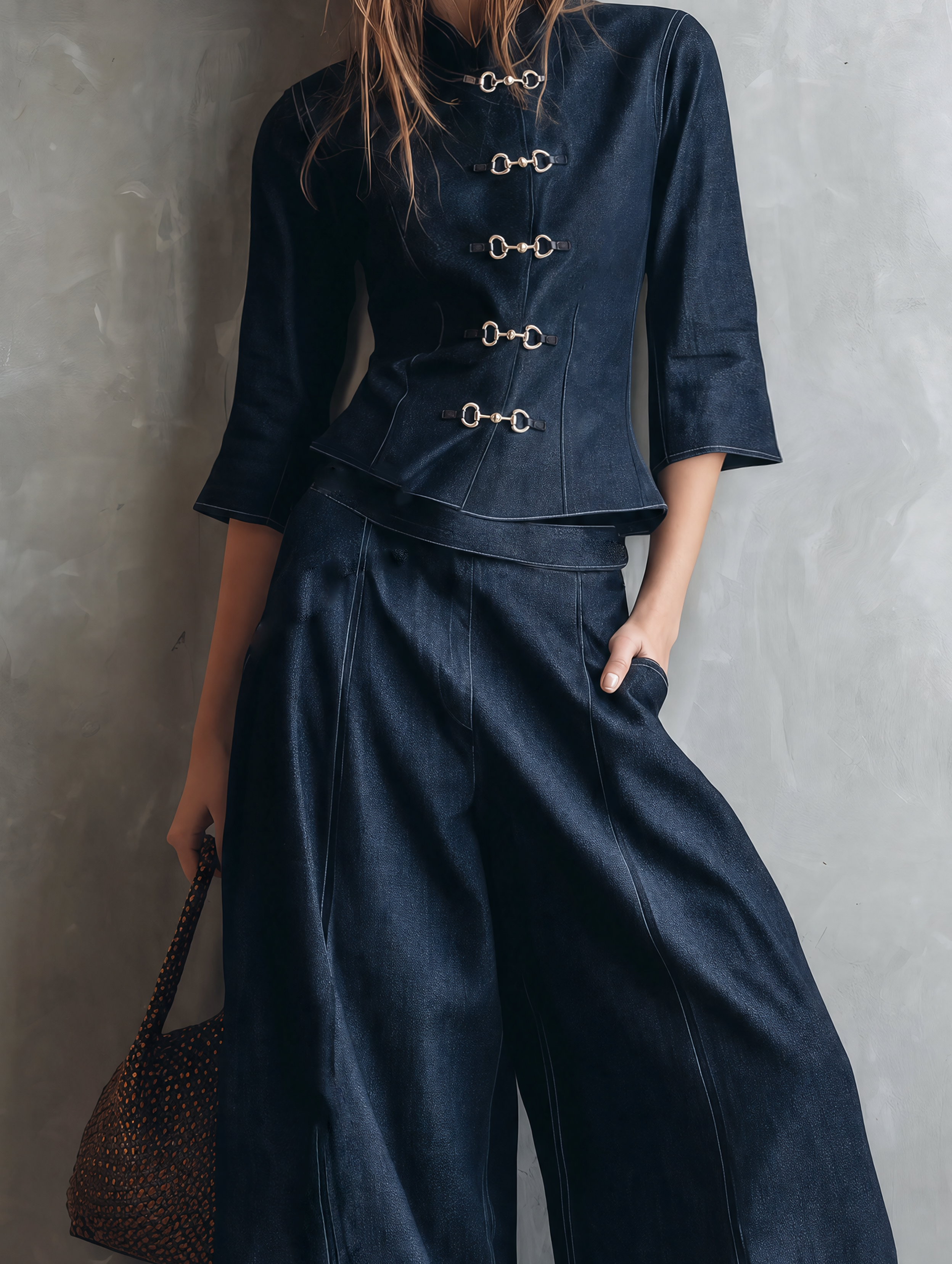 Women's Casual Dark Blue Faux-denim Jacket And Trousers Set MDZ3019G9LXY