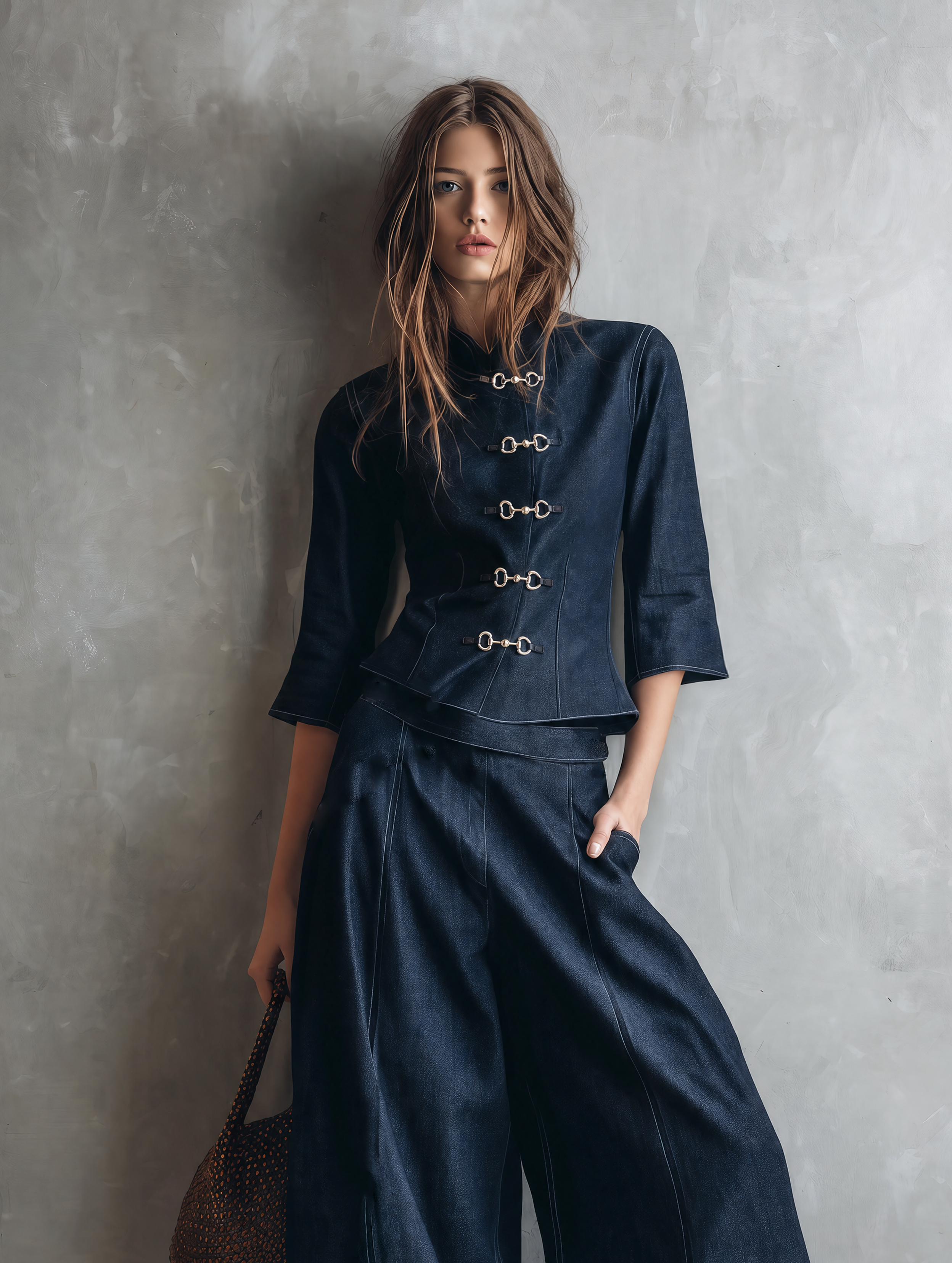 Women's Casual Dark Blue Faux-denim Jacket And Trousers Set MDZ3019G9LXY