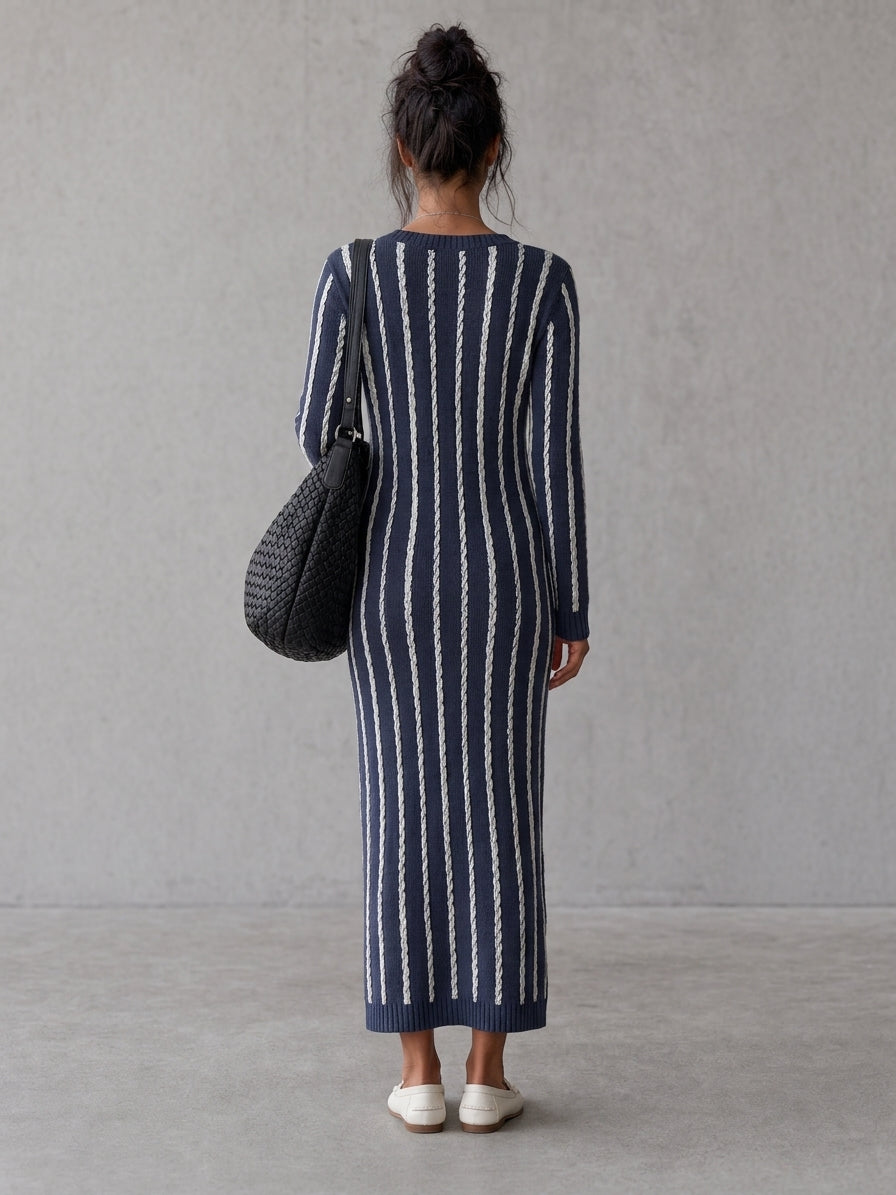 Women's Casual Navy Blue And White Long-sleeved Knitted Maxi Dress MDZ3057G1LXY