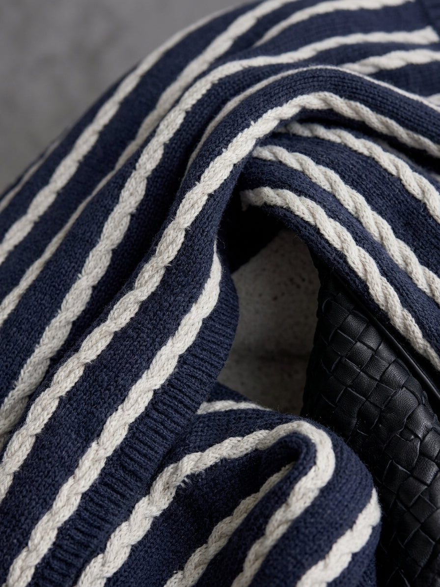 Women's Casual Navy Blue And White Long-sleeved Knitted Maxi Dress MDZ3057G1LXY