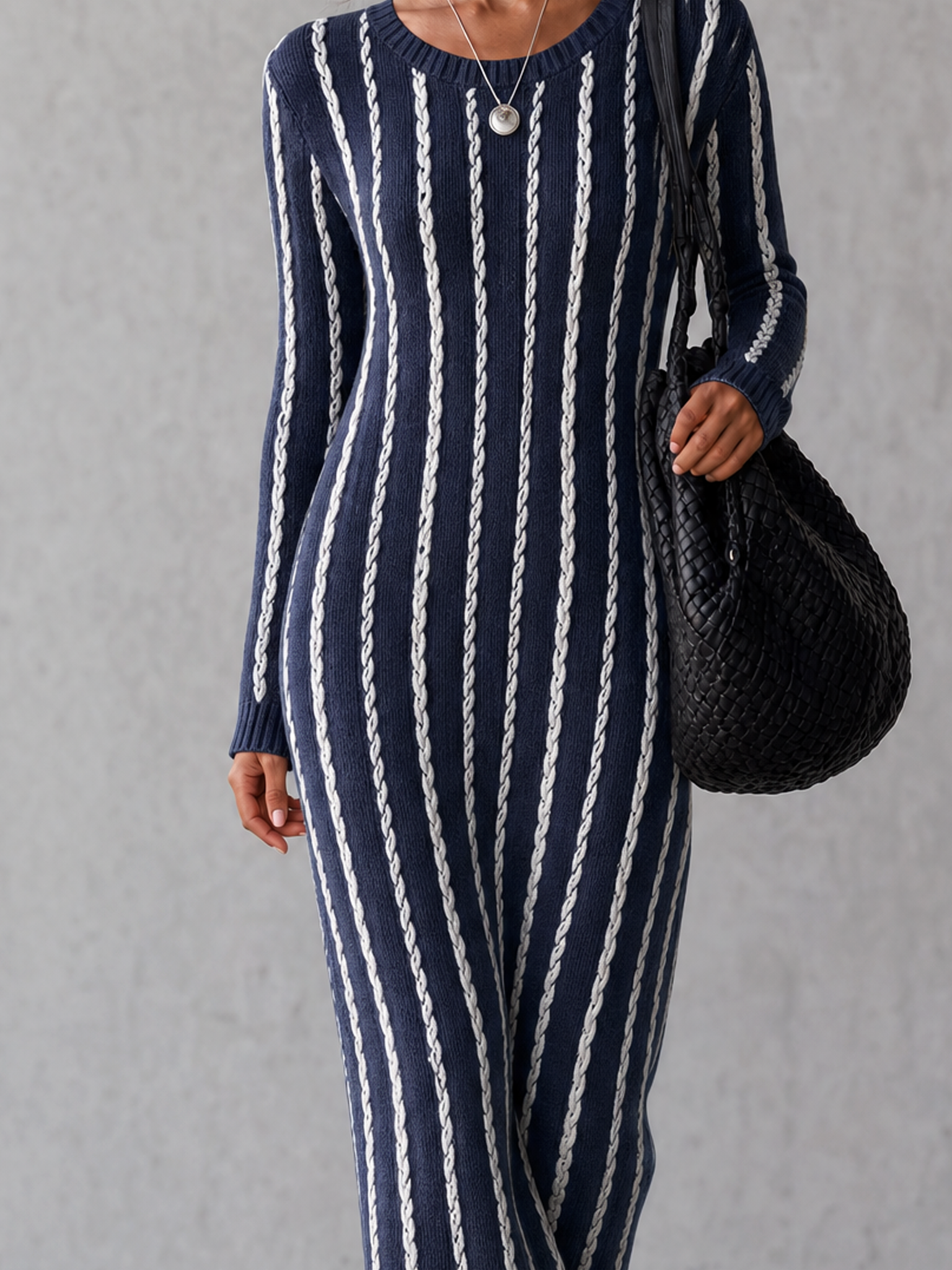 Women's Casual Navy Blue And White Long-sleeved Knitted Maxi Dress MDZ3057G1LXY