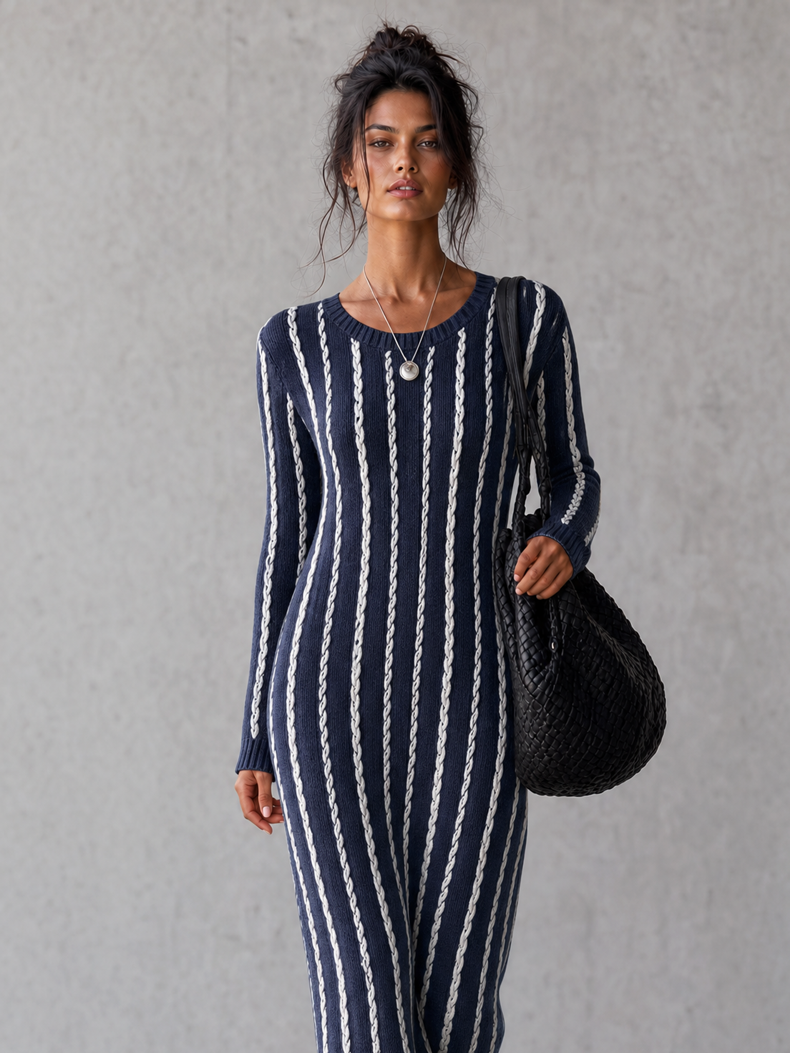 Women's Casual Navy Blue And White Long-sleeved Knitted Maxi Dress MDZ3057G1LXY