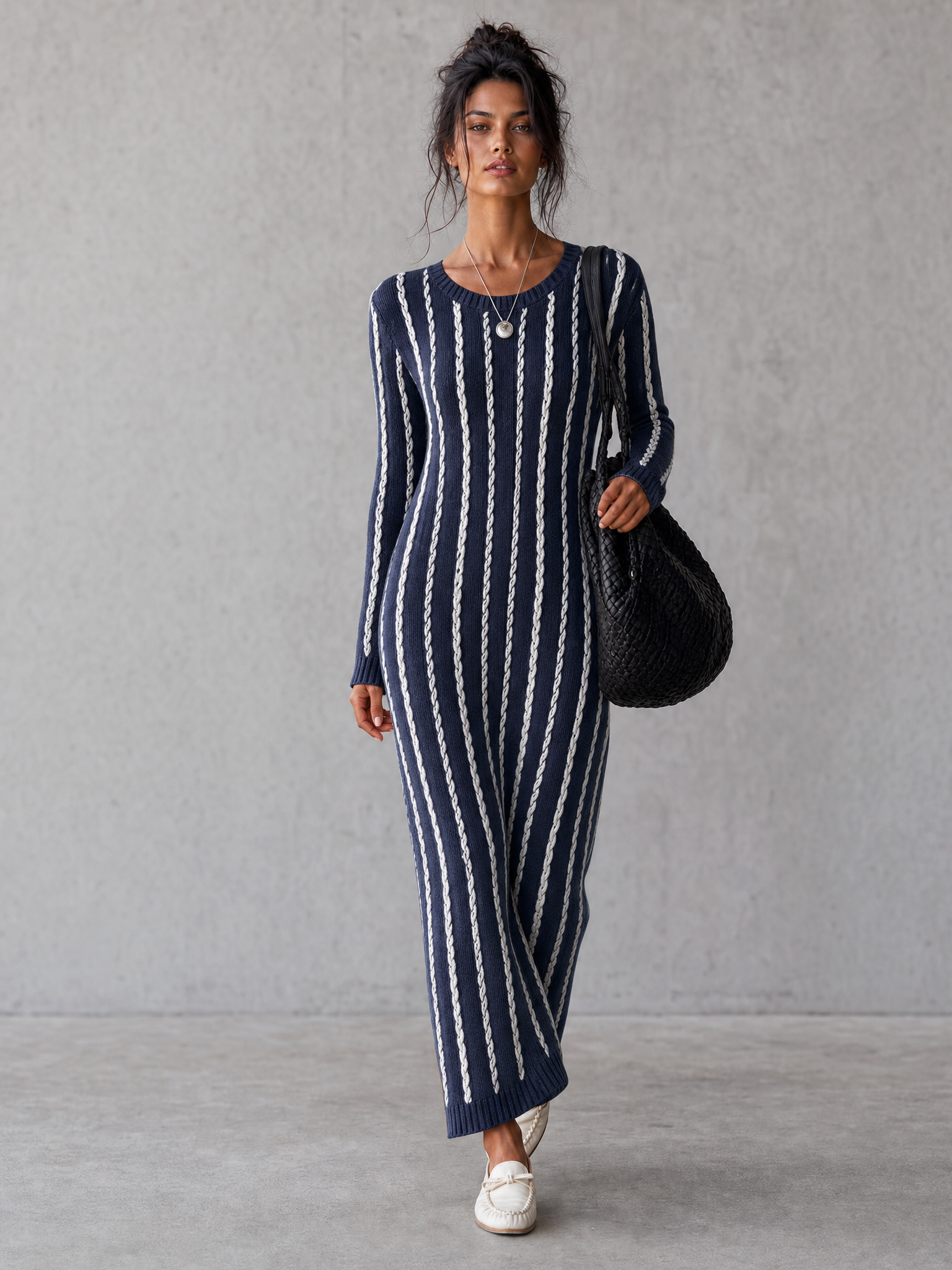 Women's Casual Navy Blue And White Long-sleeved Knitted Maxi Dress MDZ3057G1LXY