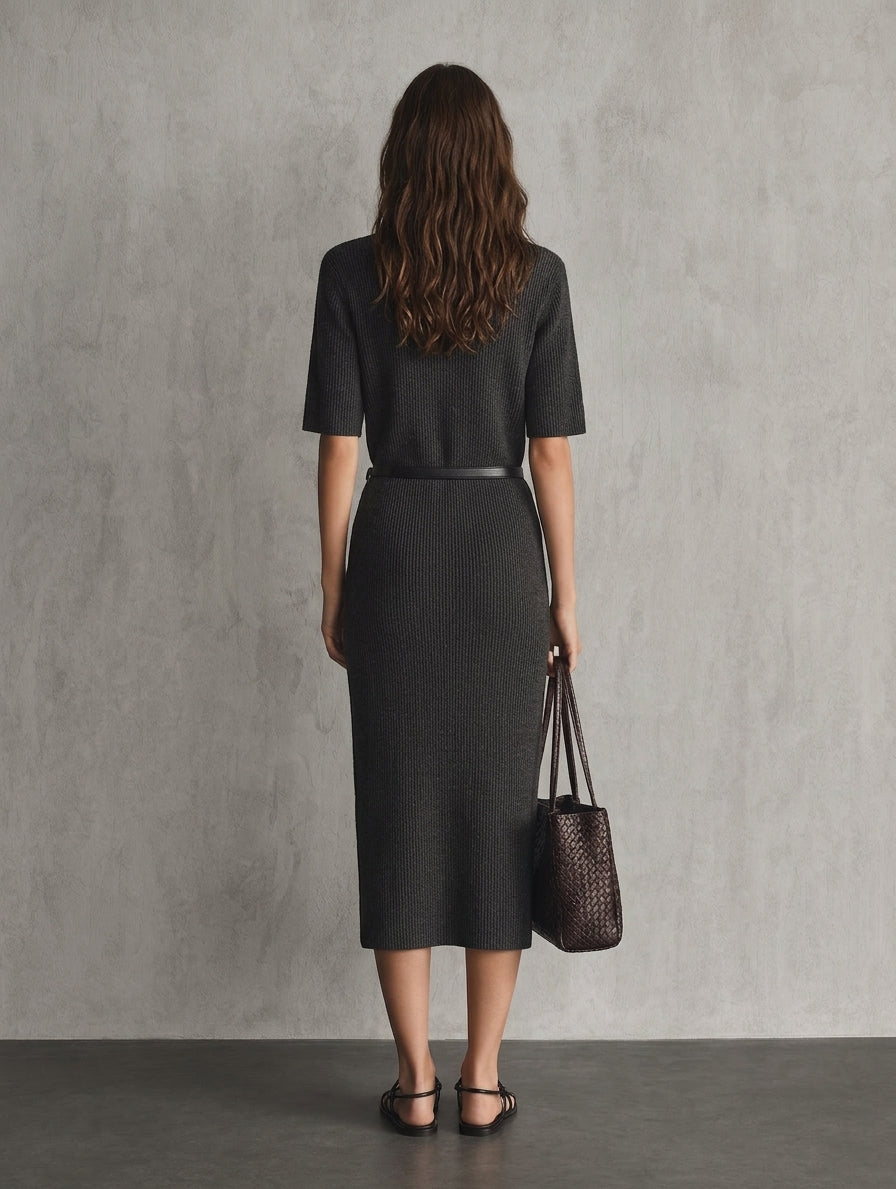 Women's Casual Dark Gray Knit Midi Dress With Half-sleeves (belt Included) MDZ3012G5LXY