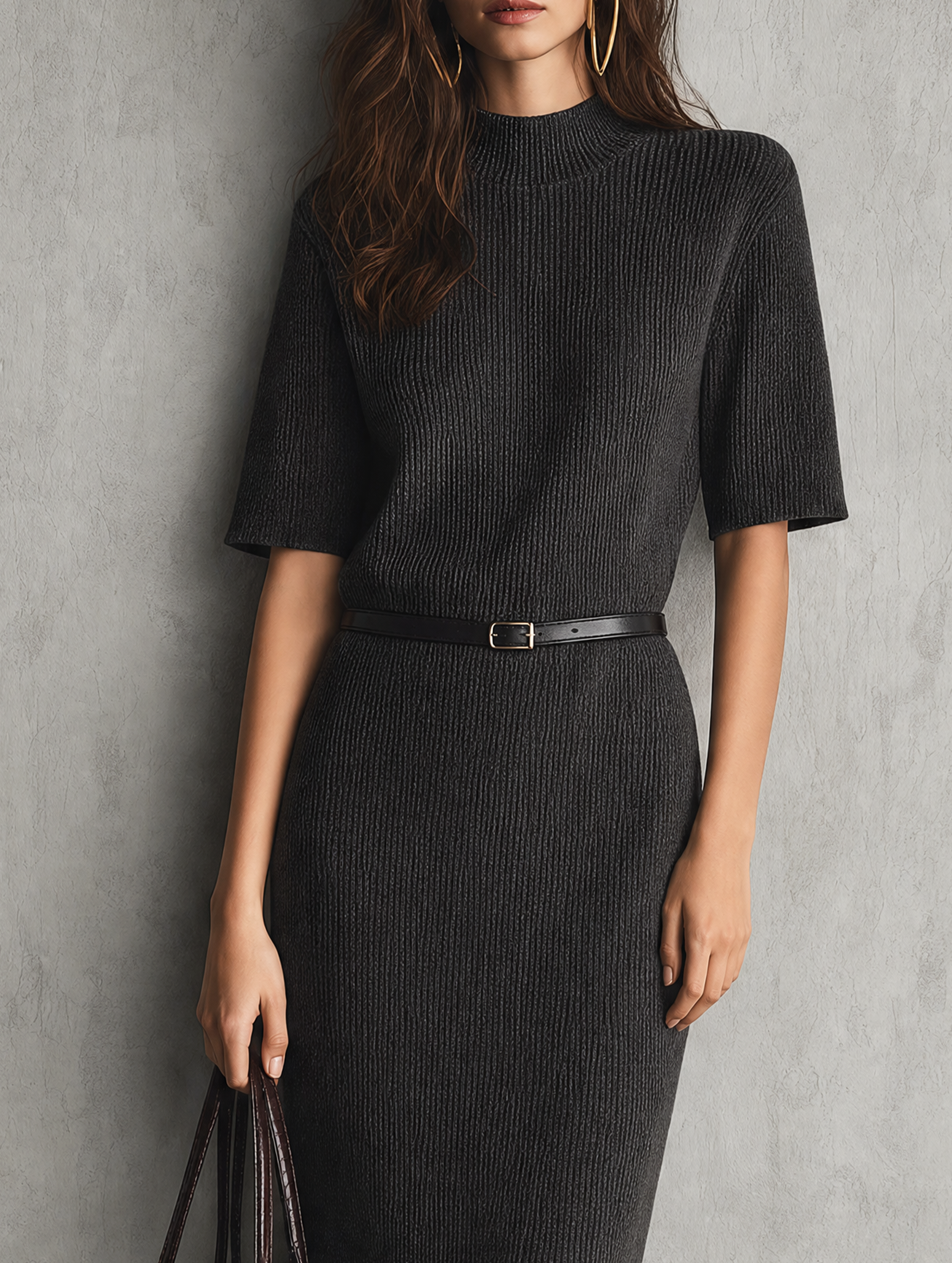 Women's Casual Dark Gray Knit Midi Dress With Half-sleeves (belt Included) MDZ3012G5LXY