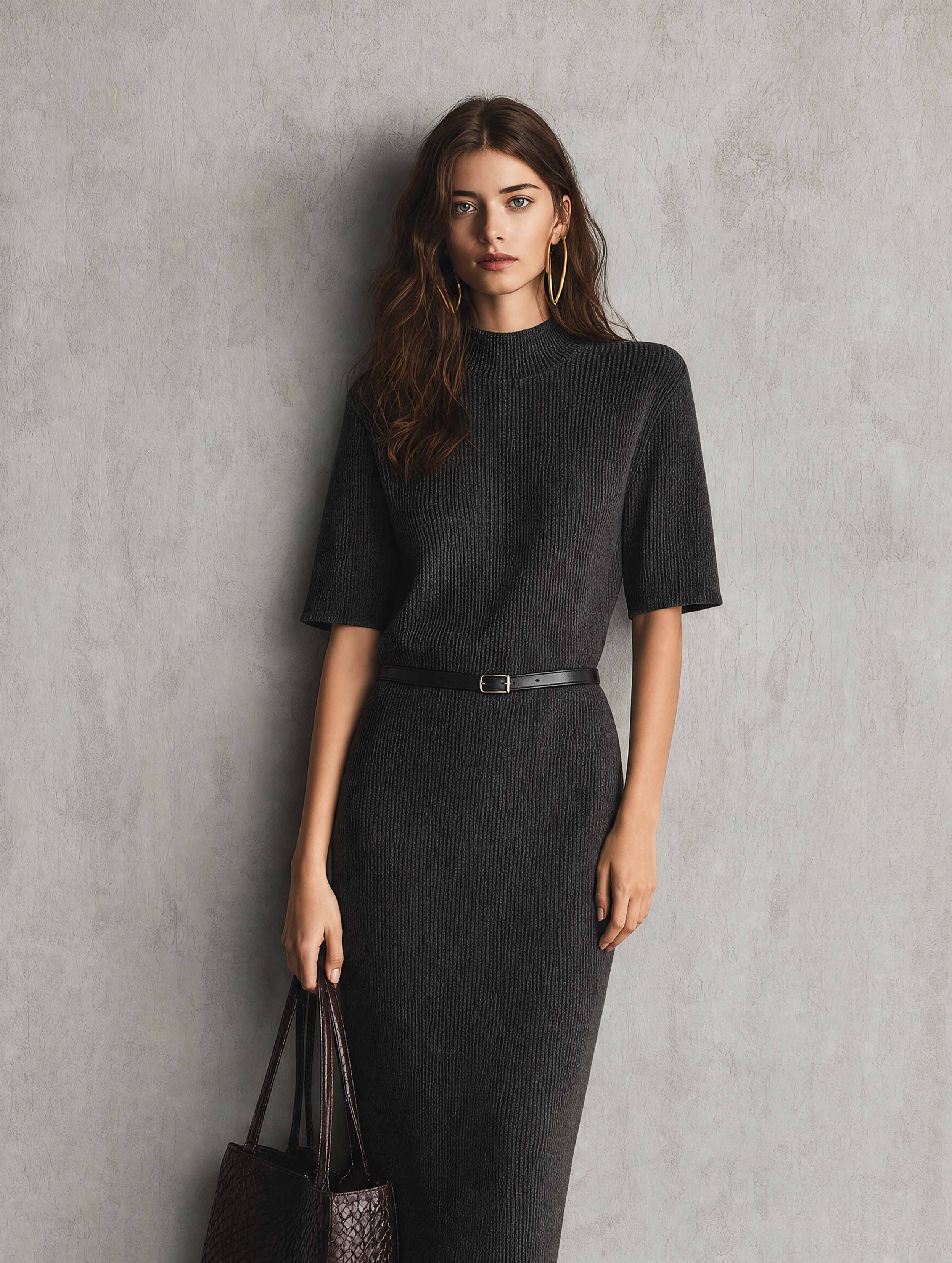 Women's Casual Dark Gray Knit Midi Dress With Half-sleeves (belt Included) MDZ3012G5LXY