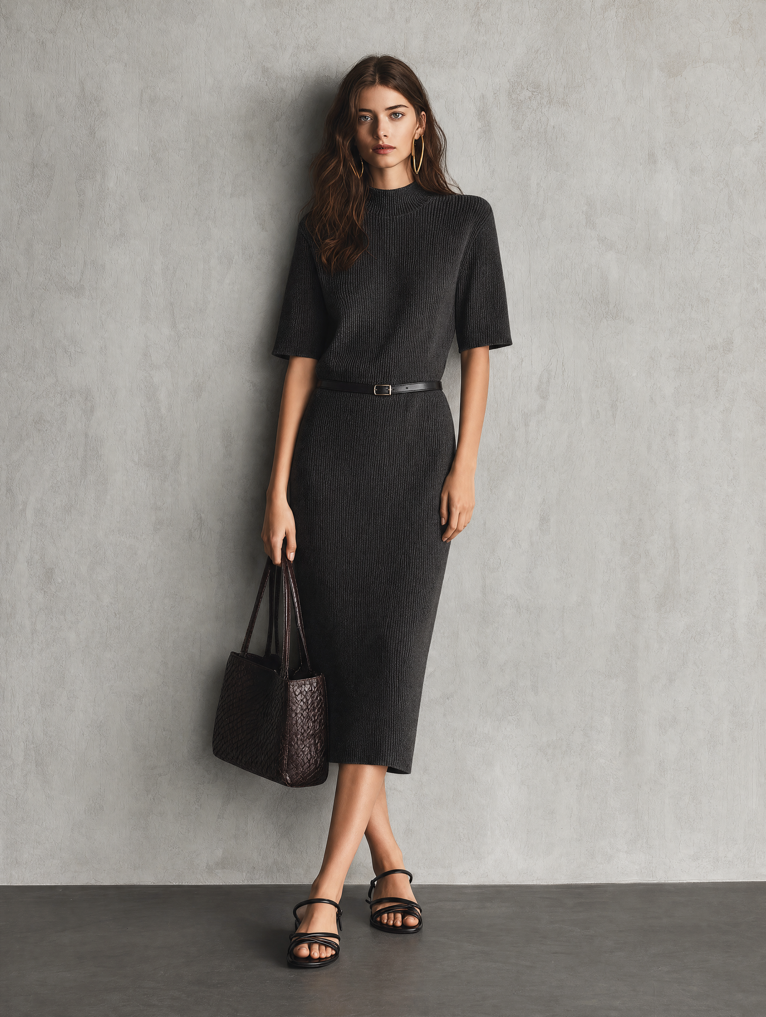 Women's Casual Dark Gray Knit Midi Dress With Half-sleeves (belt Included) MDZ3012G5LXY
