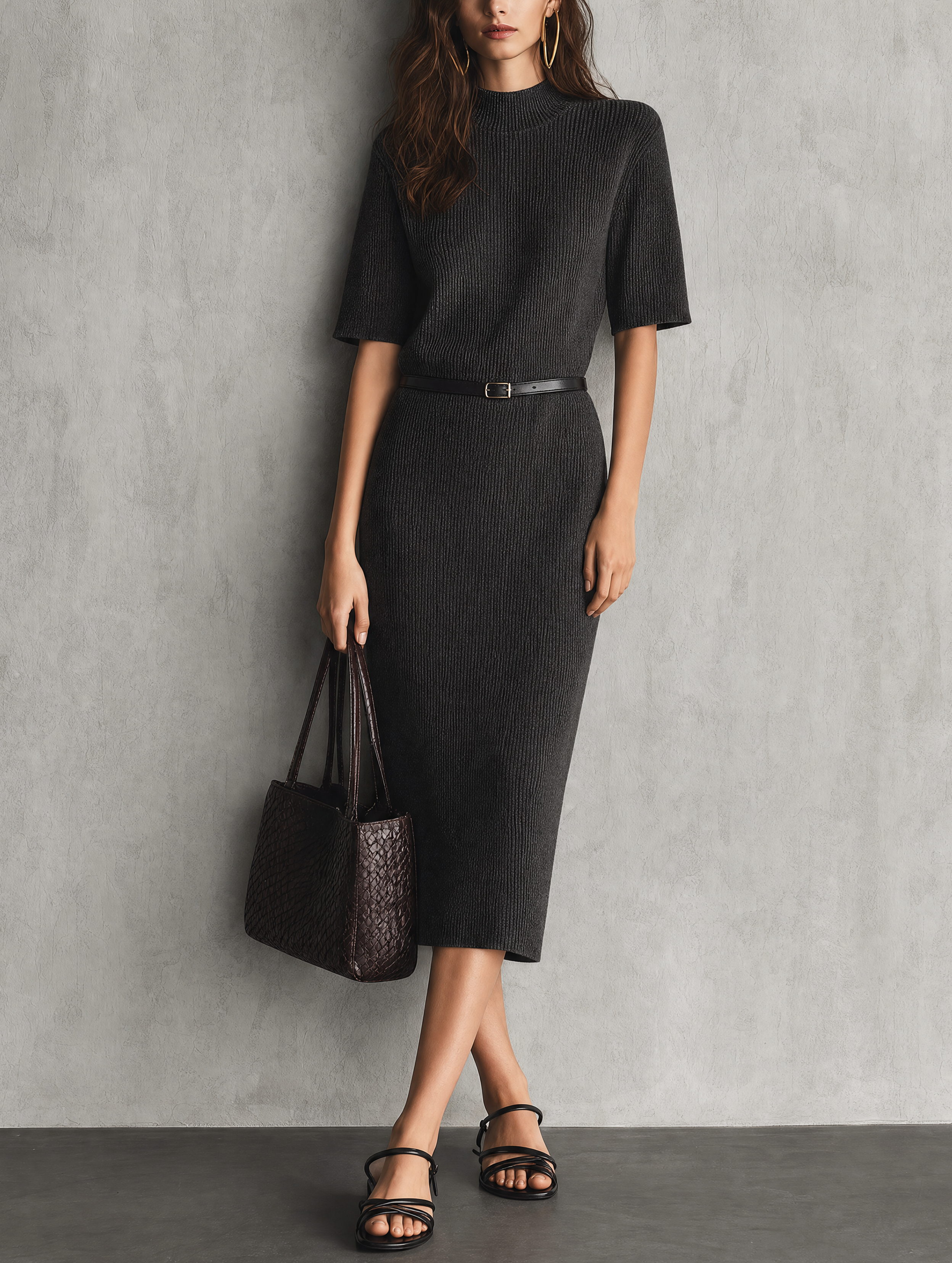 Women's Casual Dark Gray Knit Midi Dress With Half-sleeves (belt Included) MDZ3012G5LXY