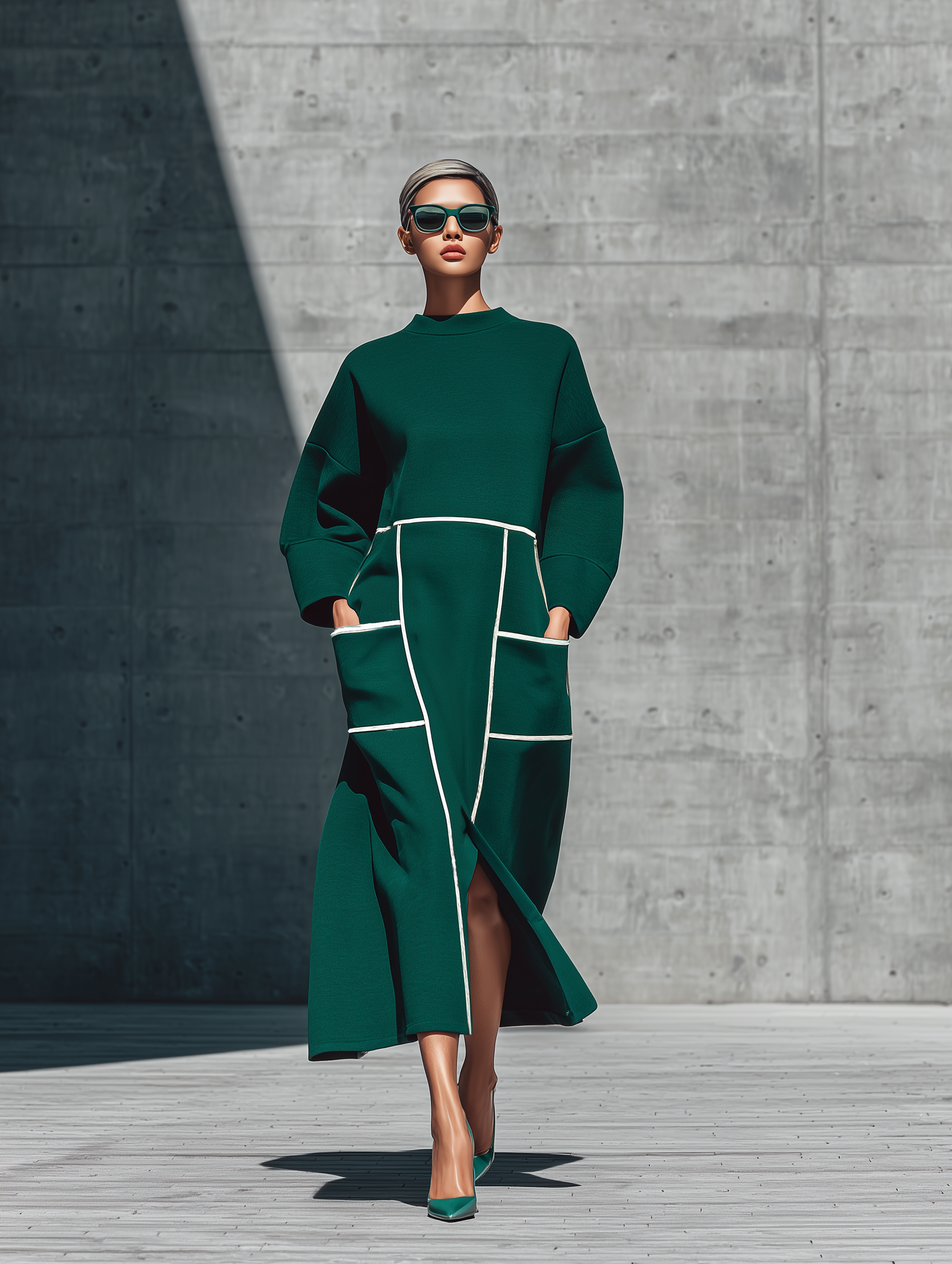 Women'S Dark Green Loose Half Turtleneck White Piping Geometric Patch Pocket Front Slit Midi Sweatshirt Dress MDZ3006G1YZJ