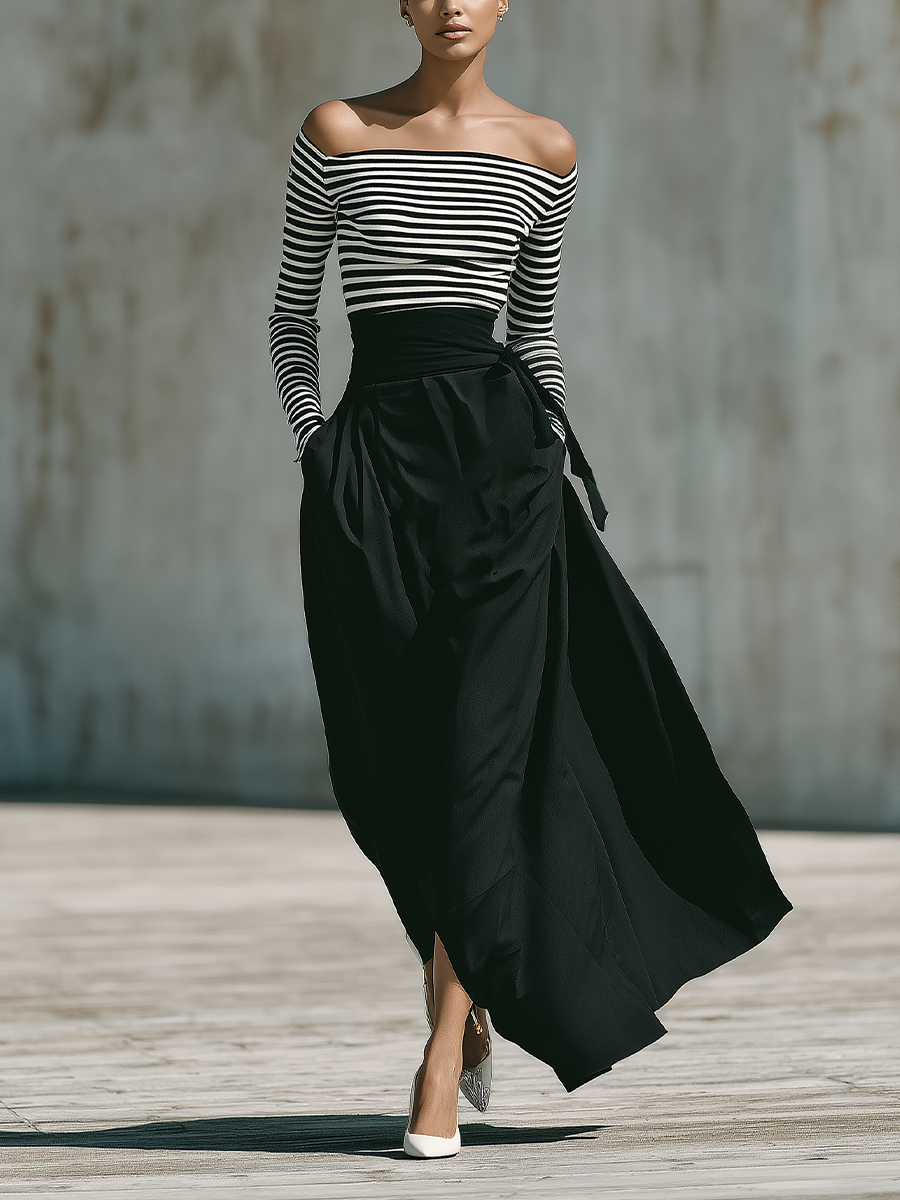Women'S Chic Striped Off‑Shoulder Long‑Sleeve Top & High‑Waist Sash Tie Flowy Maxi Skirt Two‑Piece Set MDZ3067G6YZJ