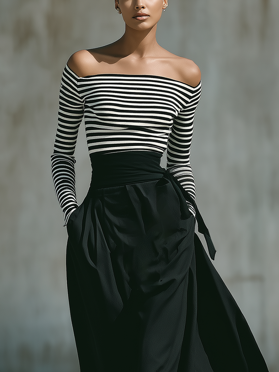 Women'S Chic Striped Off‑Shoulder Long‑Sleeve Top & High‑Waist Sash Tie Flowy Maxi Skirt Two‑Piece Set MDZ3067G6YZJ