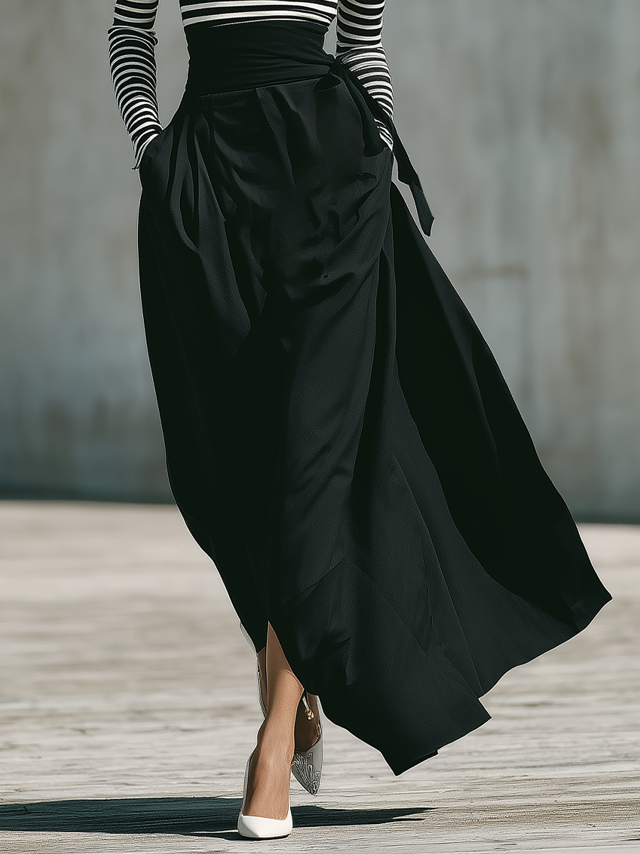 Women'S Chic Striped Off‑Shoulder Long‑Sleeve Top & High‑Waist Sash Tie Flowy Maxi Skirt Two‑Piece Set MDZ3067G6YZJ