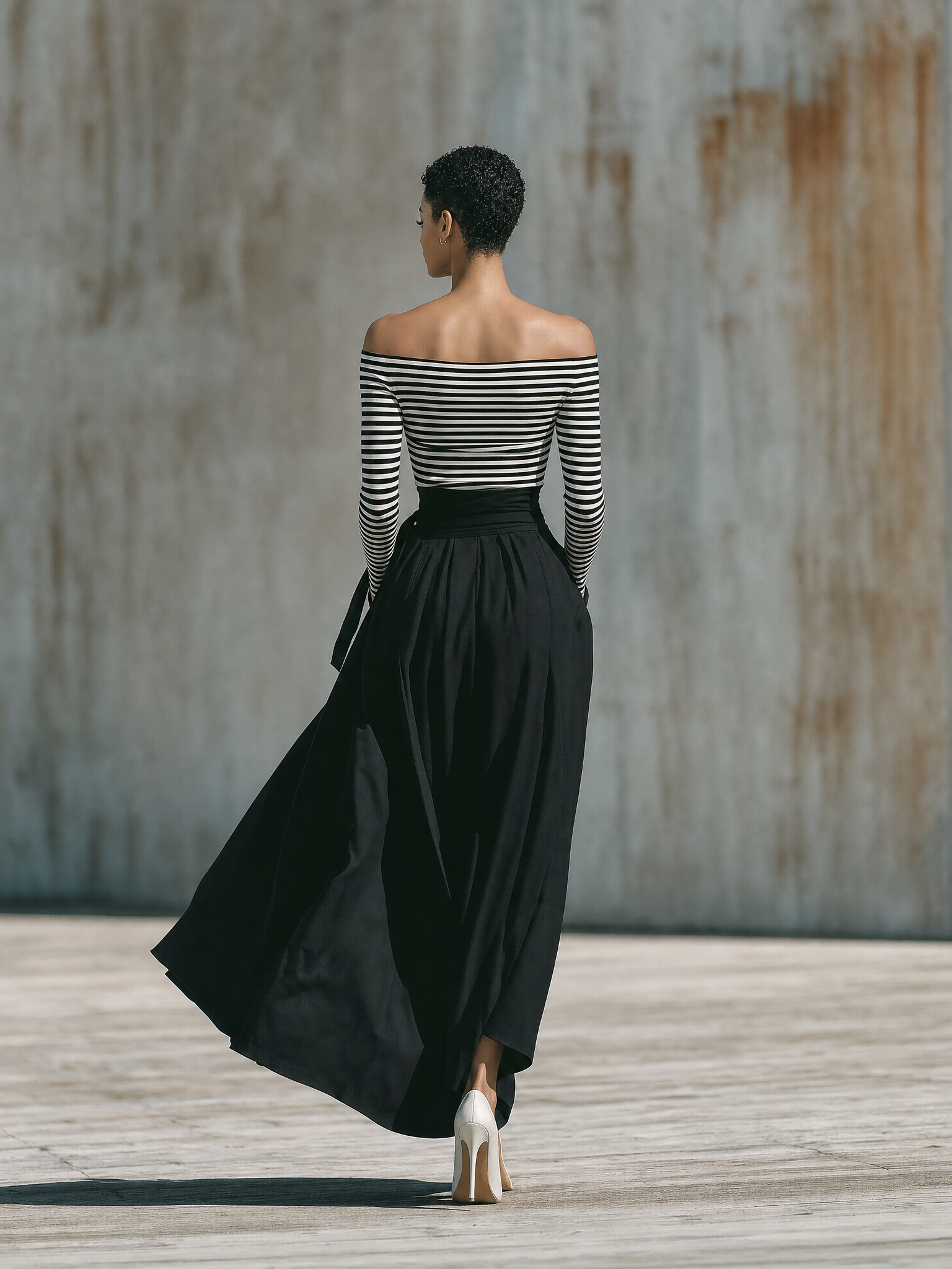 Women'S Chic Striped Off‑Shoulder Long‑Sleeve Top & High‑Waist Sash Tie Flowy Maxi Skirt Two‑Piece Set MDZ3067G6YZJ