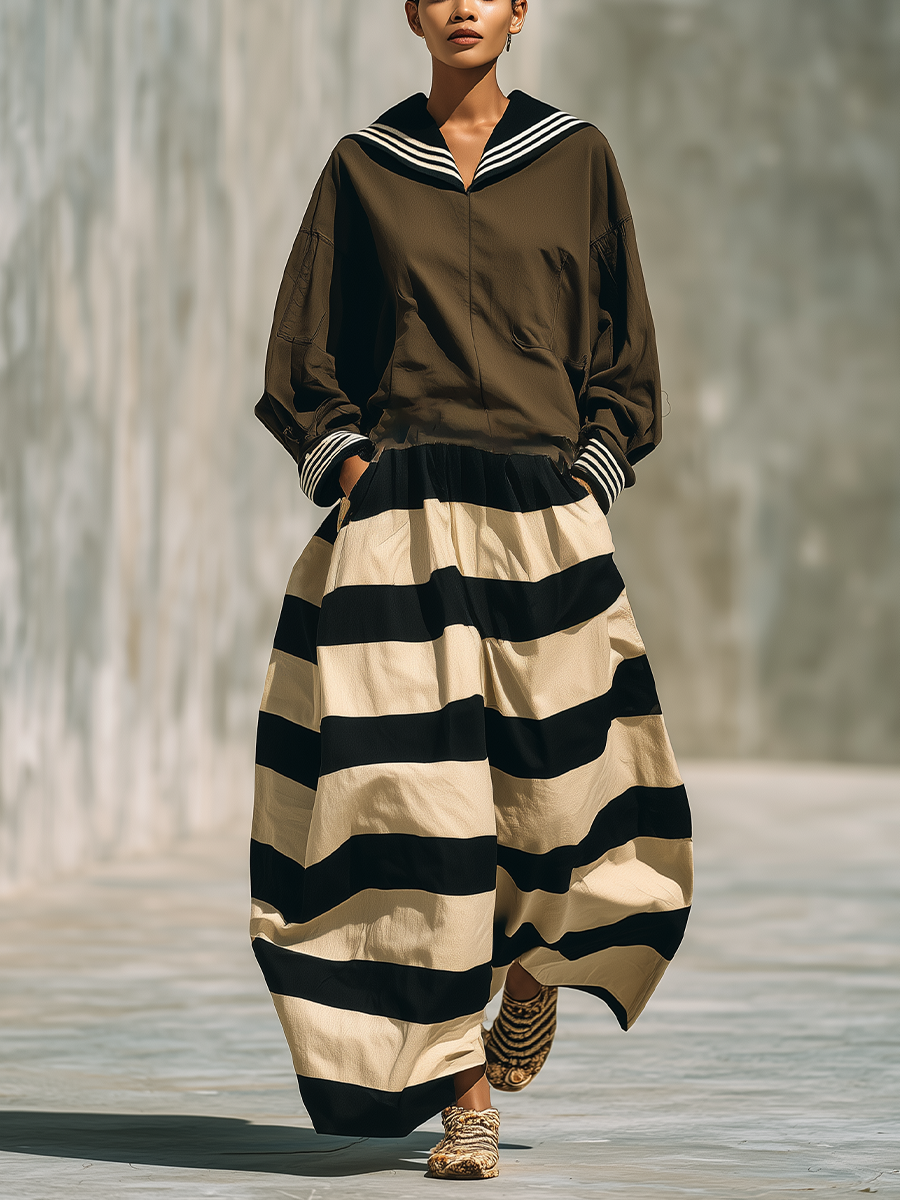 Women'S Retro Nautical Style Olive Sailor Collar Shirt Black‑Beige Stripe Skirt Outfit MDZ3035G1YZJ