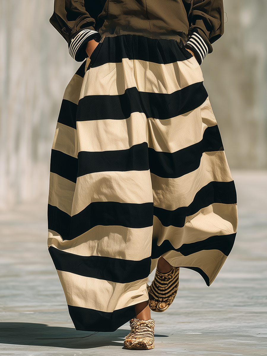 Women'S Black And Beige Wide Stripe Elastic Waist Loose Skirt With Pockets MDZ3038G8YZJ