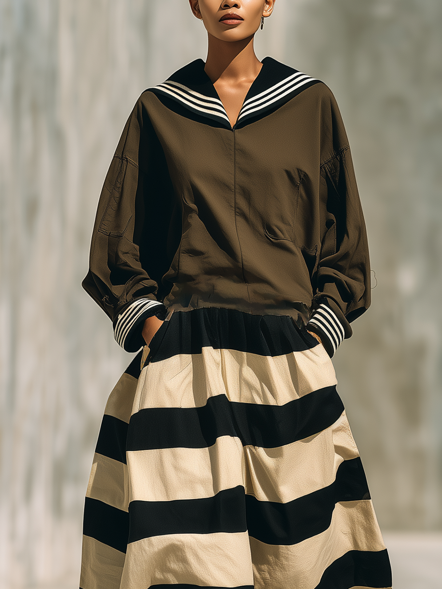 Women'S Retro Nautical Style Olive Sailor Collar Shirt Black‑Beige Stripe Skirt Outfit MDZ3035G1YZJ