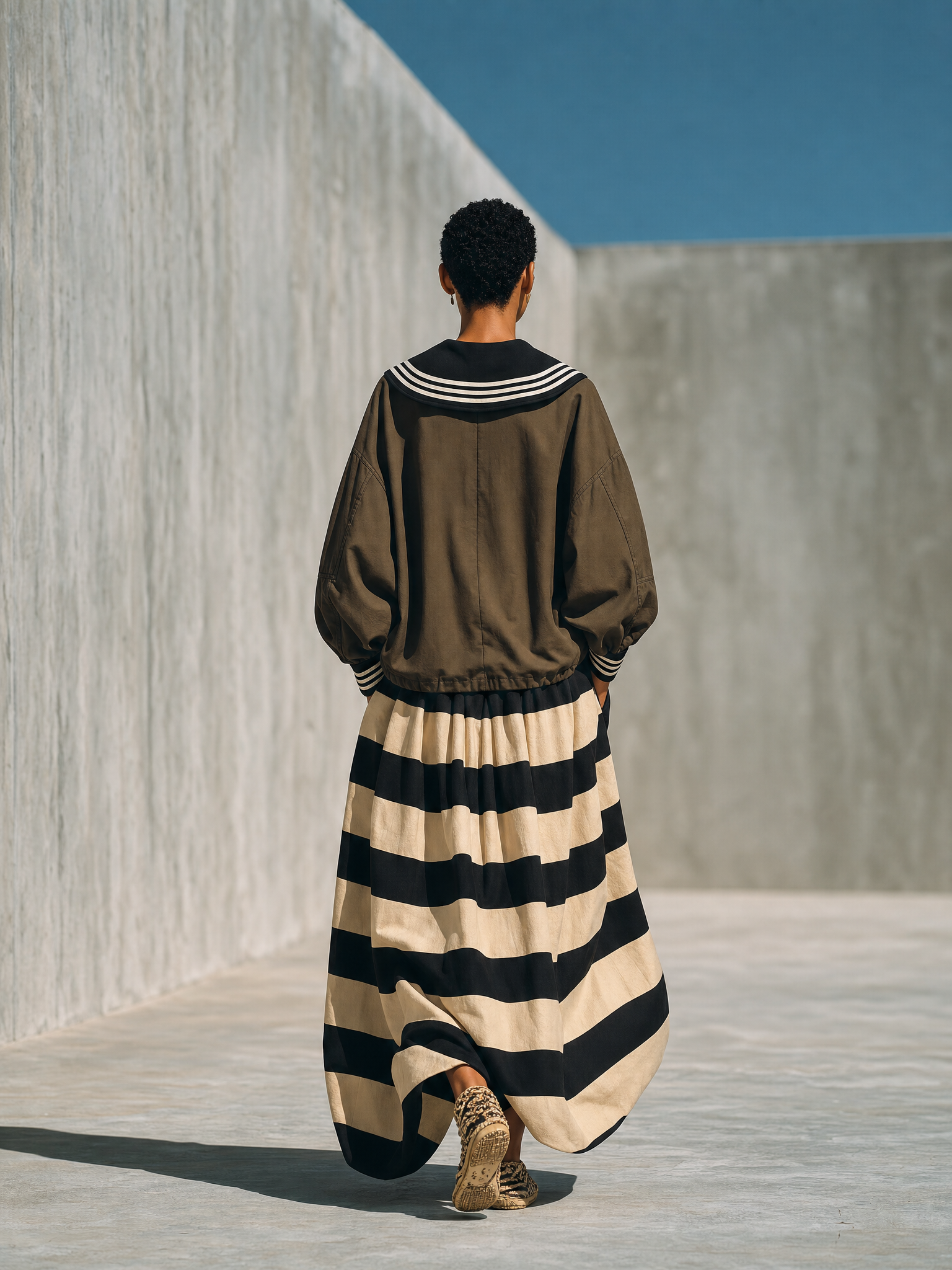 Women'S Retro Nautical Style Olive Sailor Collar Shirt Black‑Beige Stripe Skirt Outfit MDZ3035G1YZJ