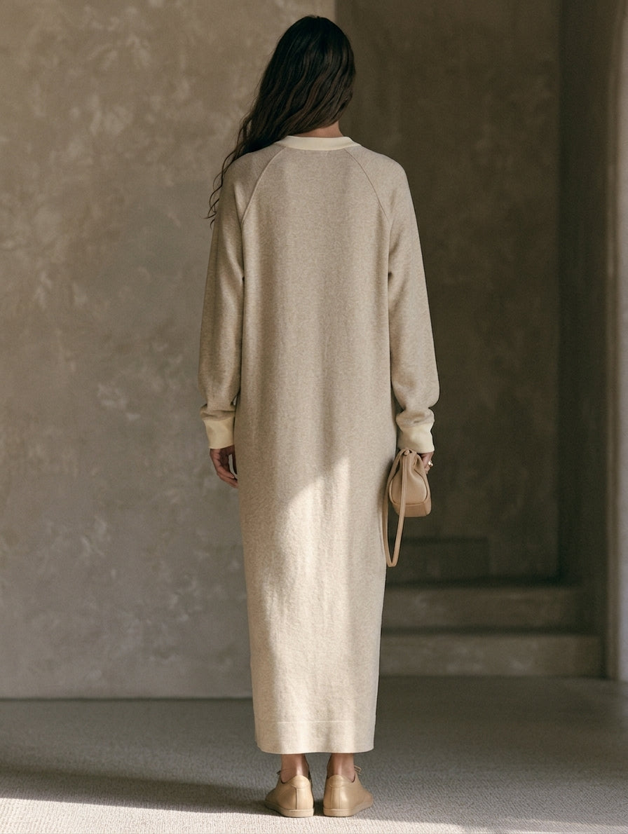 Women's Casual Light Gray Long-sleeved Knitted Maxi Dress MDZ3044G2LXY