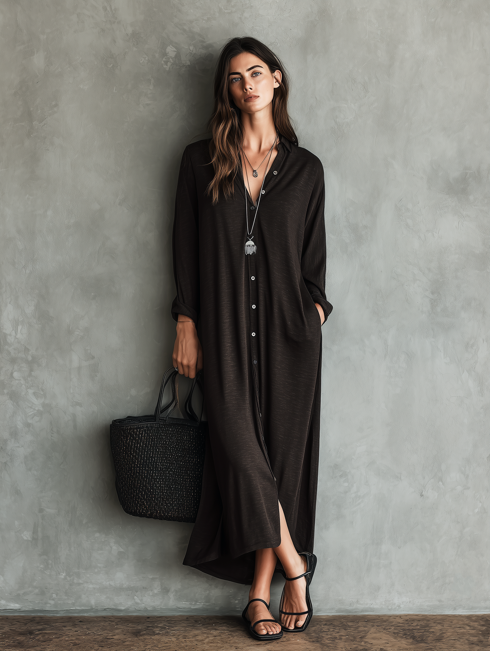 Women's Casual Dark Brown Long-sleeved Knitted Maxi Dress MDZ3051G8LXY