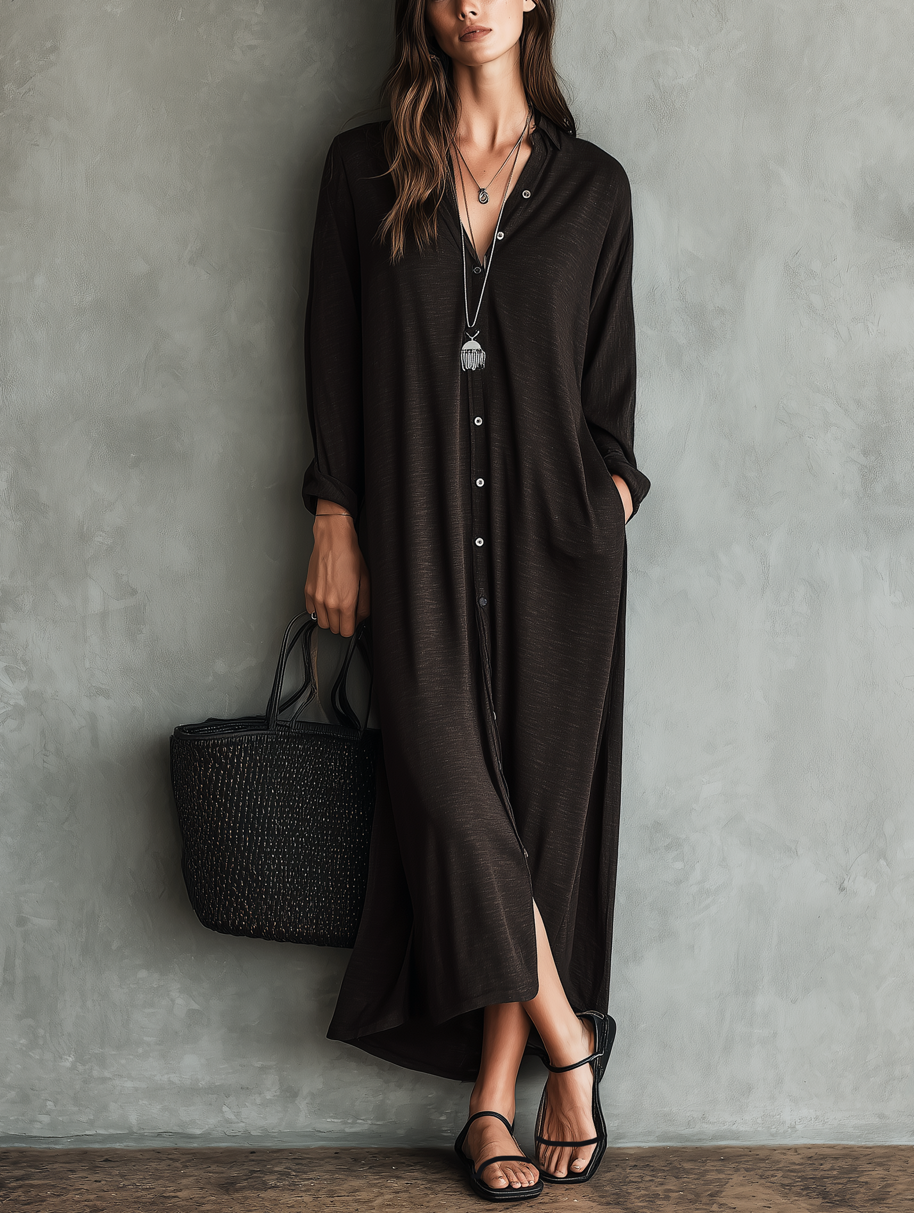 Women's Casual Dark Brown Long-sleeved Knitted Maxi Dress MDZ3051G8LXY