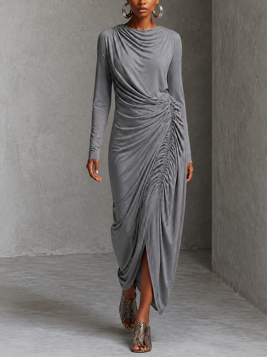 Women's Modern Elegant Gray Knit Cotton Blend Ruched Draped Long Dress MDZ2965G5GMJ