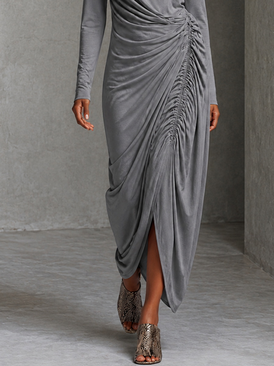 Women's Modern Elegant Gray Knit Cotton Blend Ruched Draped Long Dress MDZ2965G5GMJ