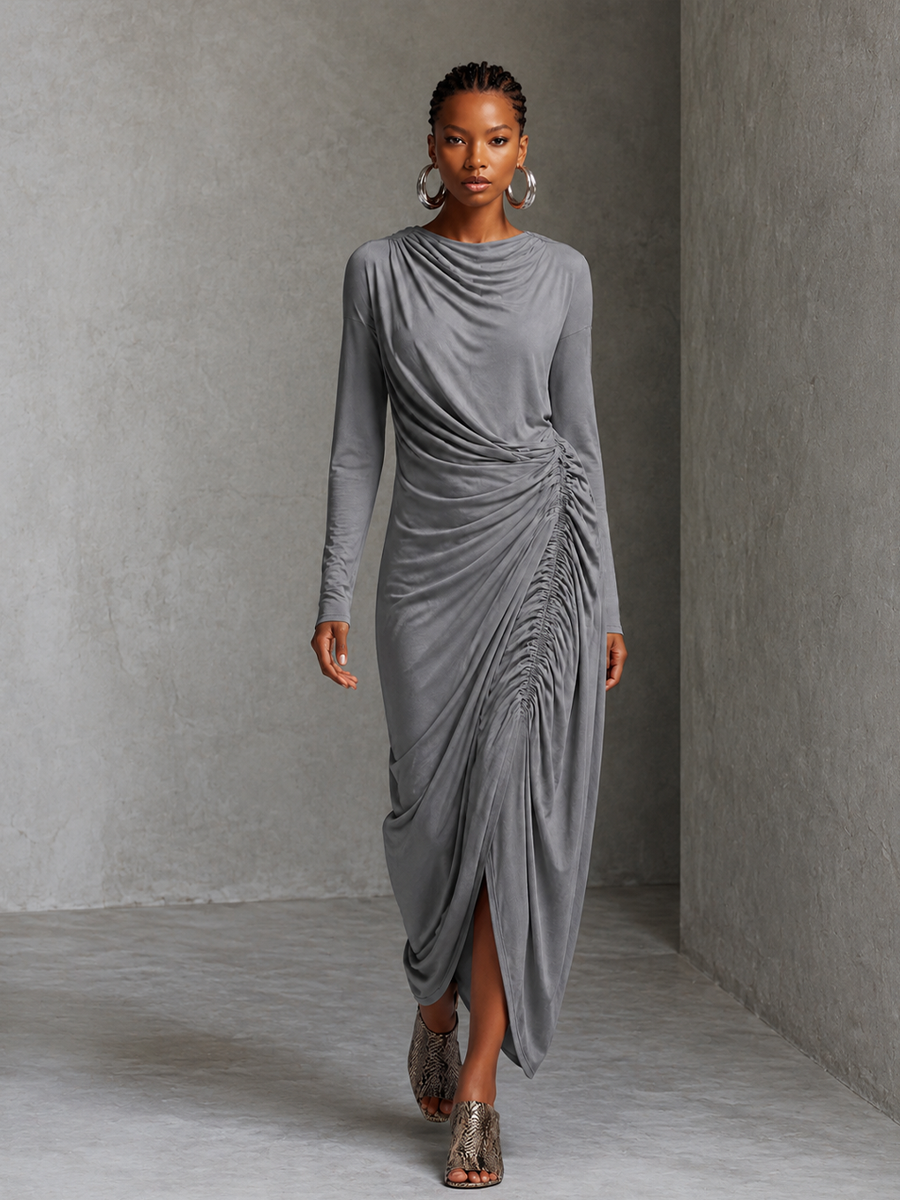 Women's Modern Elegant Gray Knit Cotton Blend Ruched Draped Long Dress MDZ2965G5GMJ