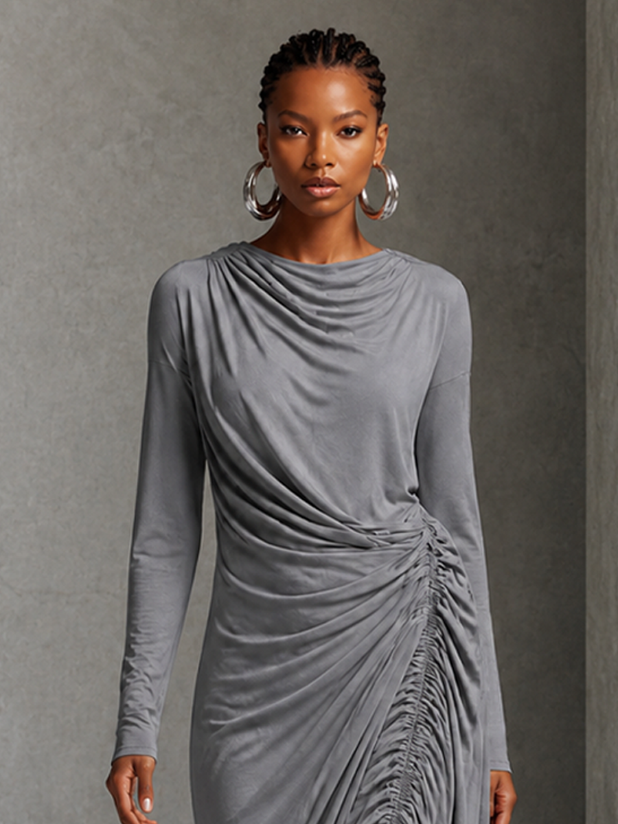 Women's Modern Elegant Gray Knit Cotton Blend Ruched Draped Long Dress MDZ2965G5GMJ