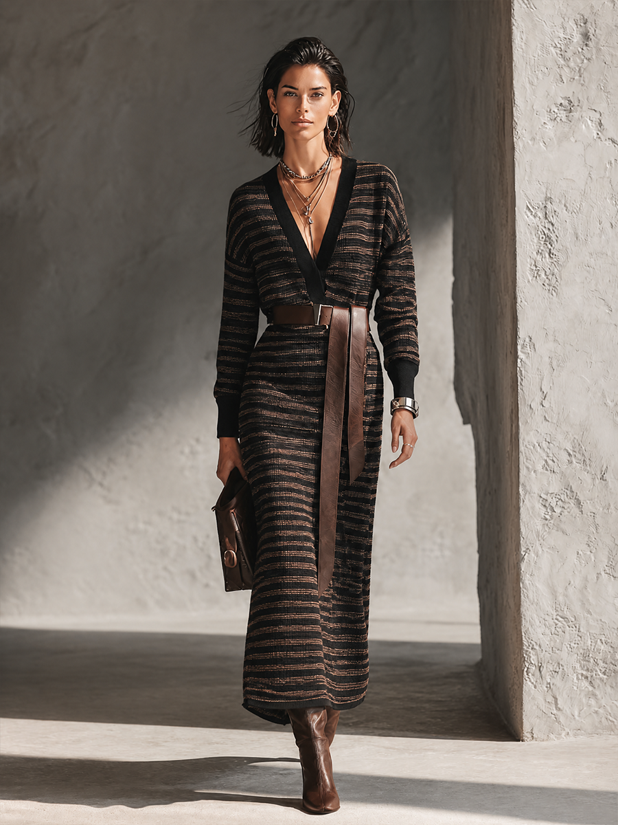 Women's Retro Elegant Black Brown Knit Striped V-Neck Long Dress (Belt – Modesees