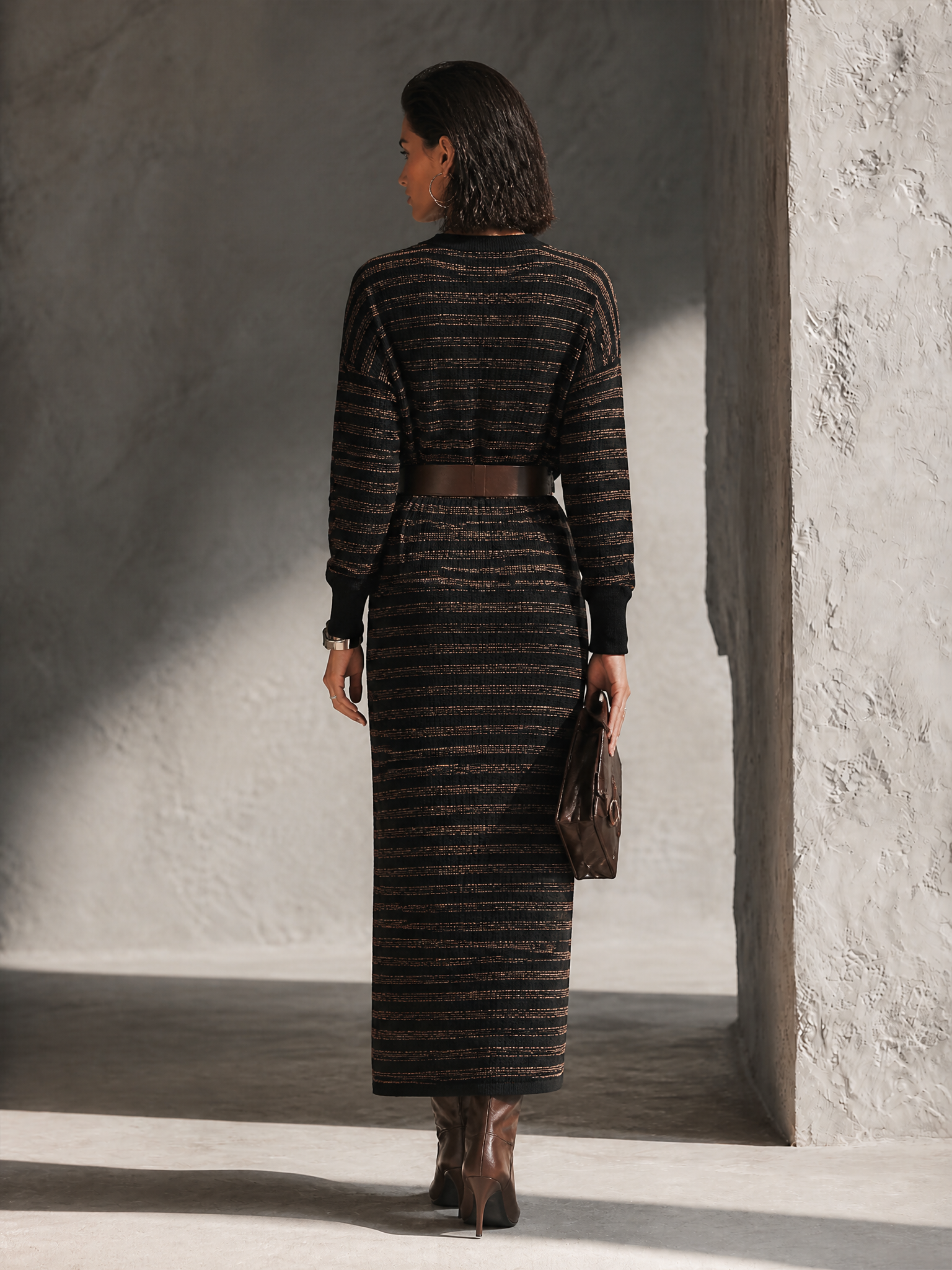 Women's Retro Elegant Black Brown Knit Striped V-Neck Long Dress (Belt Not Included) MDZ3000G6GMJ