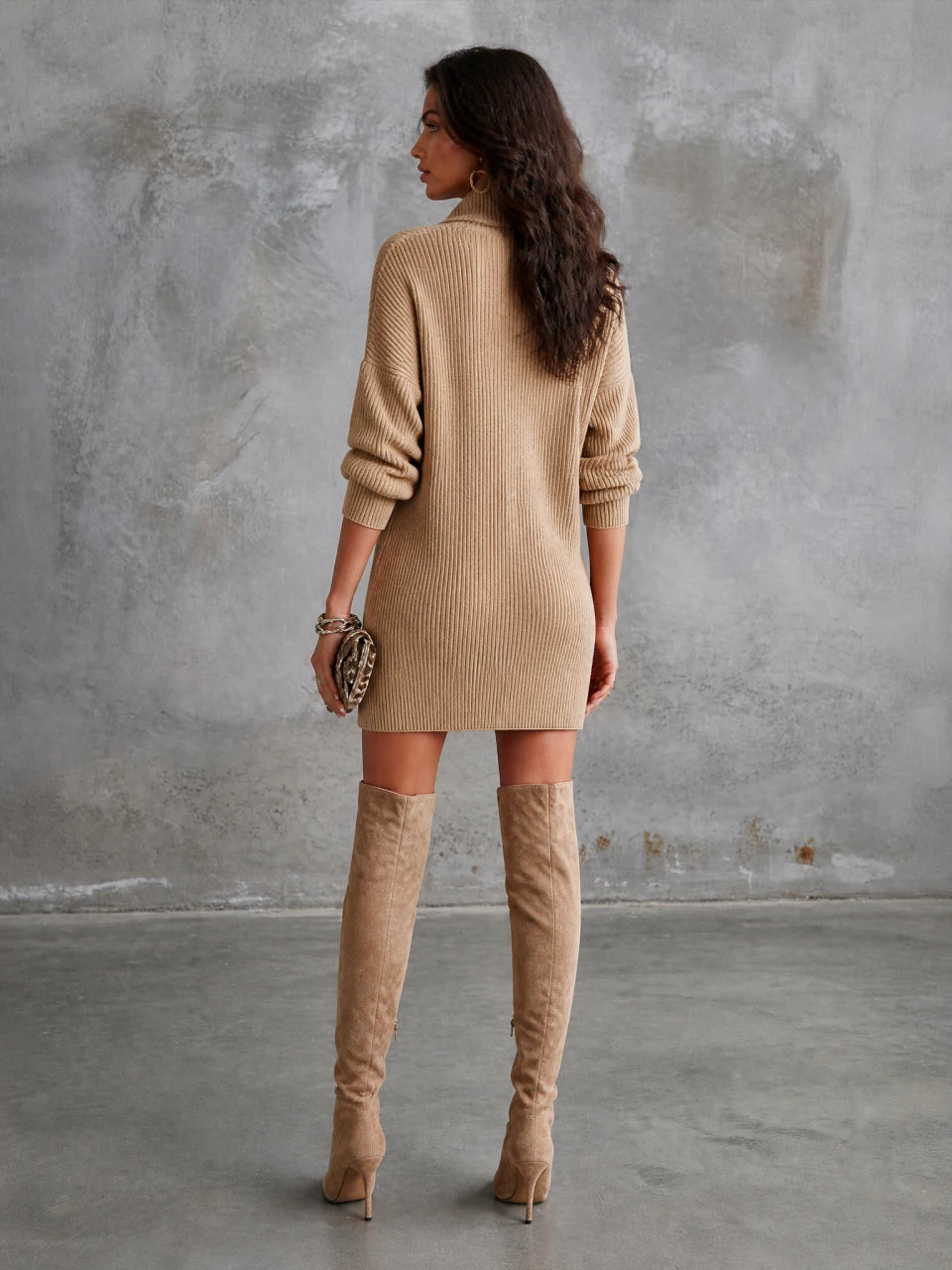 Women's Casual Elegant Beige Knit Half-Zip Patch Pocket Mini Dress MDZ3036G6GMJ