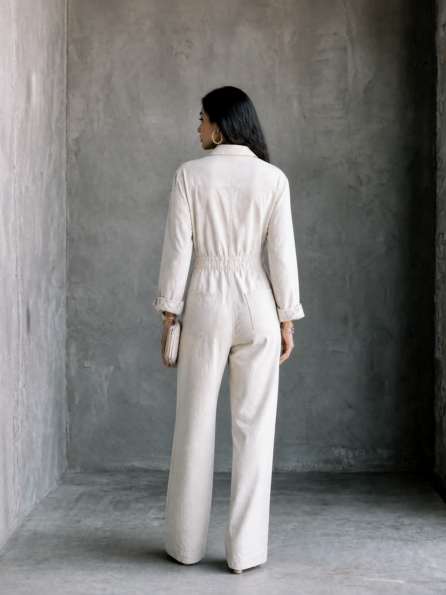 Women's Casual White Cotton Button-Front Patch Pocket Distressed Full-Length Jumpsuit MDZ2950G3GMJ