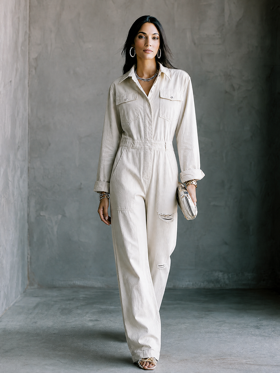 Women's Casual White Cotton Button-Front Patch Pocket Distressed Full-Length Jumpsuit MDZ2950G3GMJ