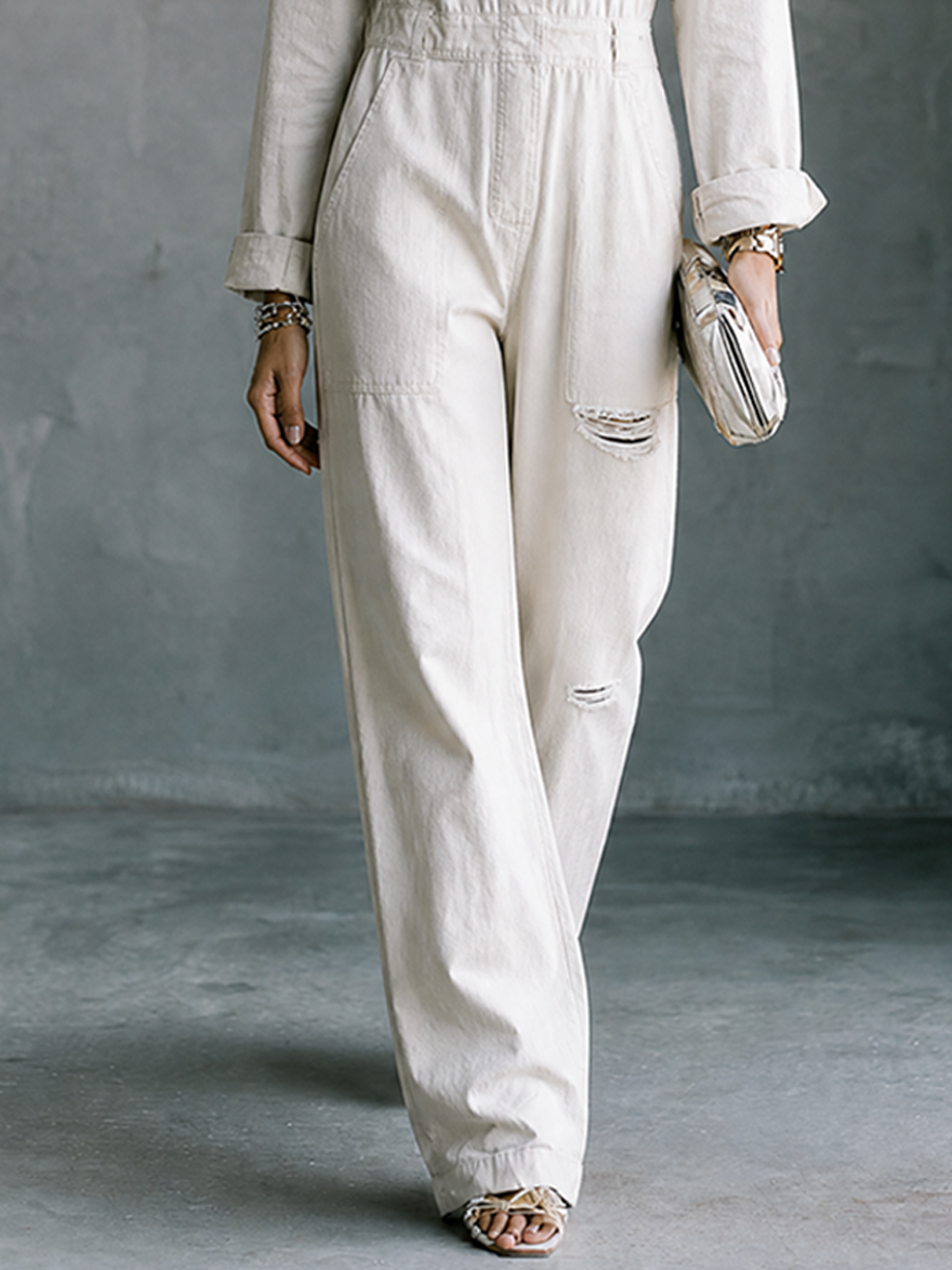 Women's Casual White Cotton Button-Front Patch Pocket Distressed Full-Length Jumpsuit MDZ2950G3GMJ