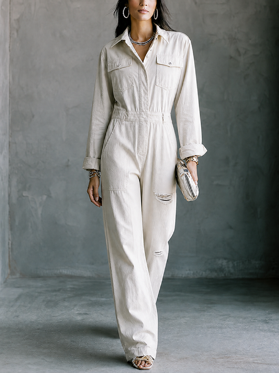 Women's Casual White Cotton Button-Front Patch Pocket Distressed Full-Length Jumpsuit MDZ2950G3GMJ