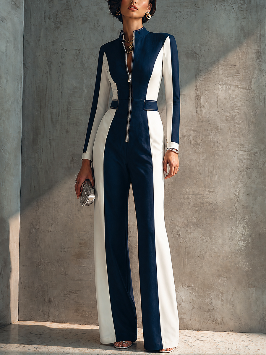 Women's Modern Elegant Navy White Knit Cotton Blend Color-Block Zip-Front Full-Length Jumpsuit MDZ3048G0GMJ