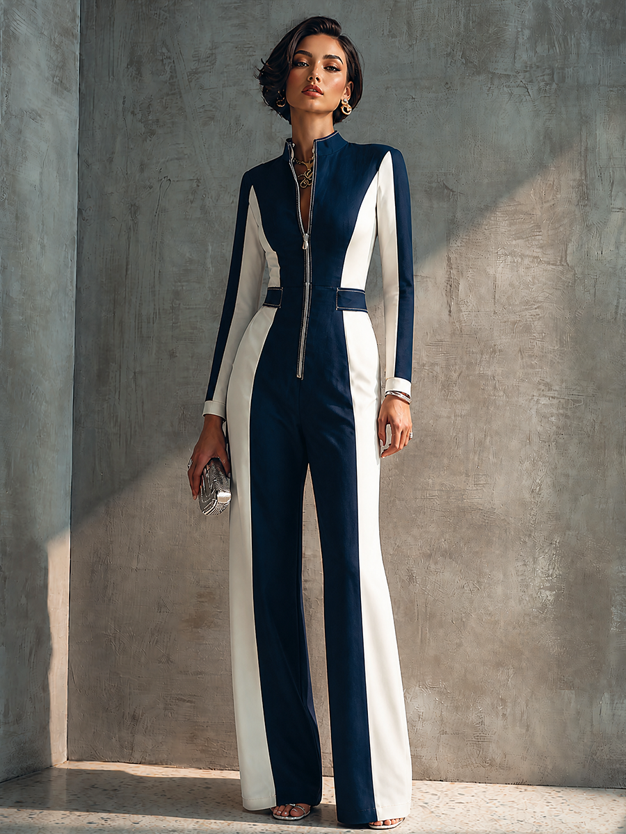 Women's Modern Elegant Navy White Knit Cotton Blend Color-Block Zip-Front Full-Length Jumpsuit MDZ3048G0GMJ