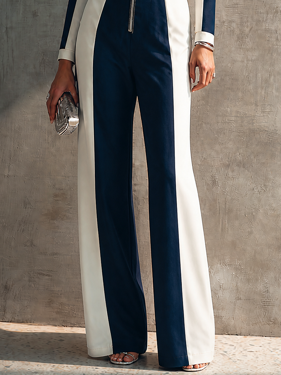Women's Modern Elegant Navy White Knit Cotton Blend Color-Block Zip-Front Full-Length Jumpsuit MDZ3048G0GMJ