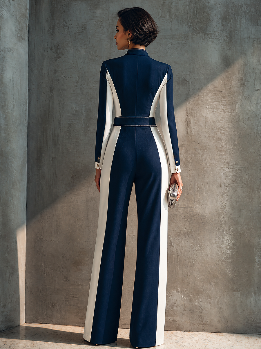 Women's Modern Elegant Navy White Knit Cotton Blend Color-Block Zip-Front Full-Length Jumpsuit MDZ3048G0GMJ